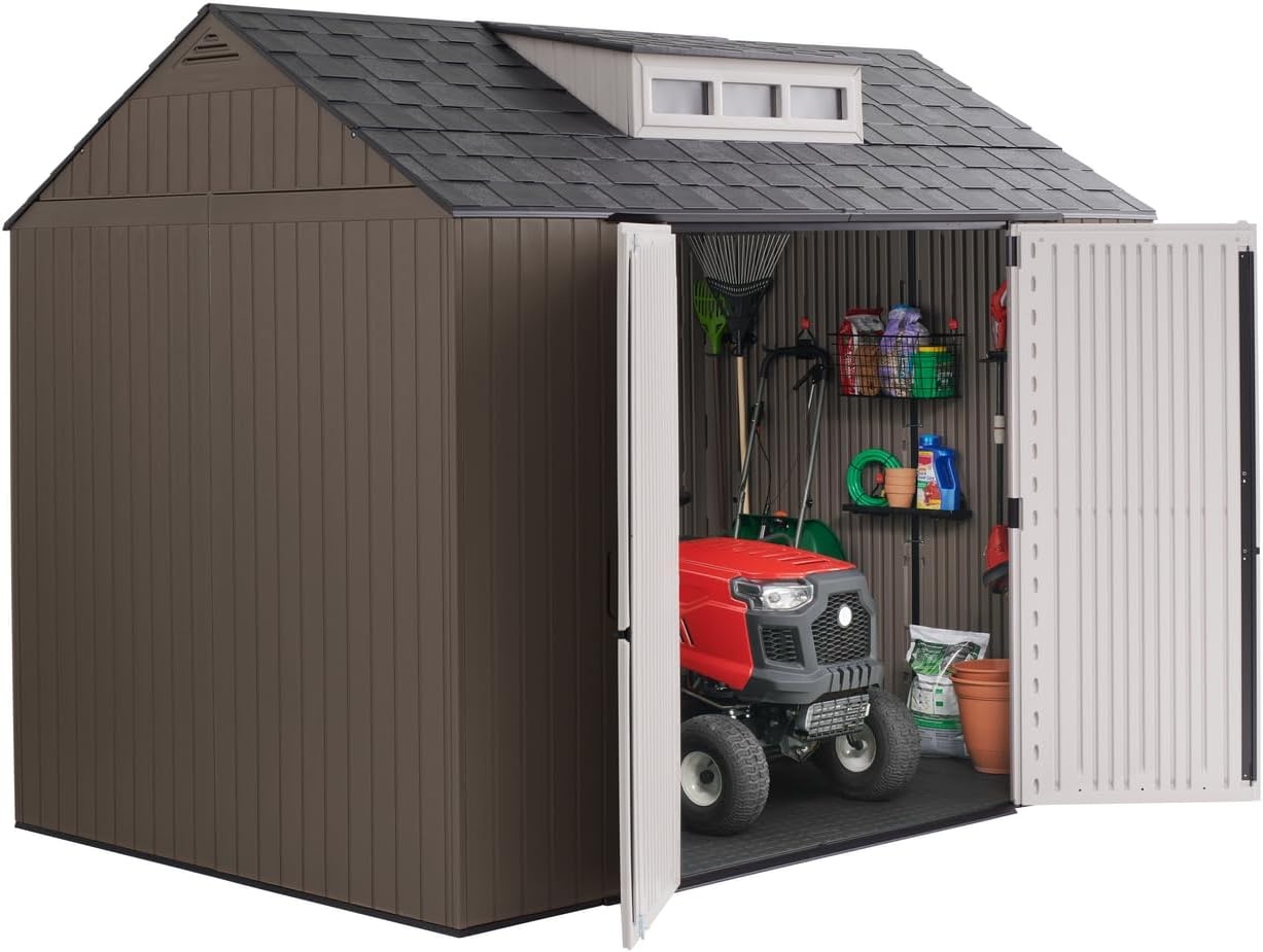 image:imageRubbermaid Resin Outdoor Storage Shed With Floor 7 x 35 Ft Weather Resistant BrownGrey Organization for HomeLawn MowerBackyard EquipmentBike StoragePool SuppliesBrown