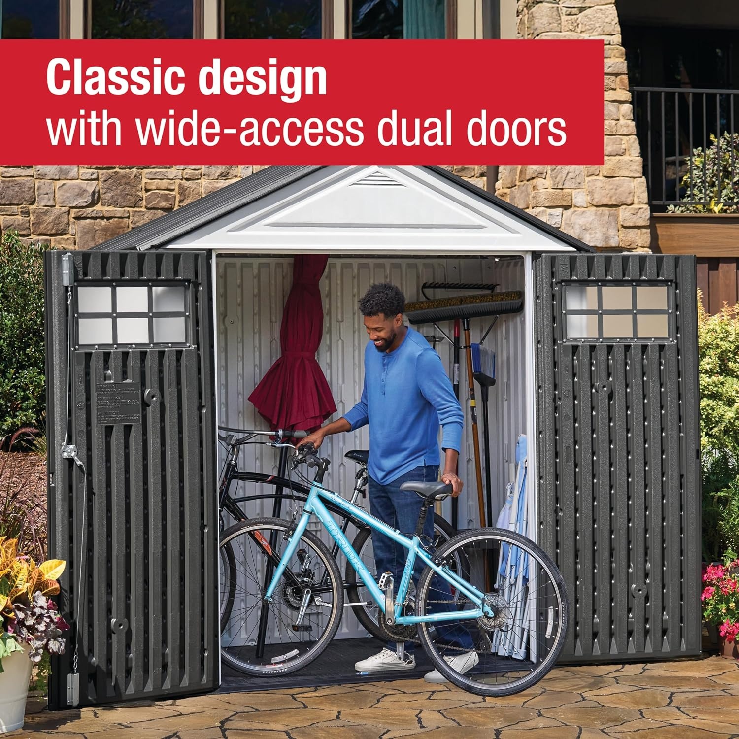 image:imageRubbermaid Resin Outdoor Storage Shed With Floor 7 x 35 Ft Weather Resistant BrownGrey Organization for HomeLawn MowerBackyard EquipmentBike StoragePool SuppliesWinter Fog