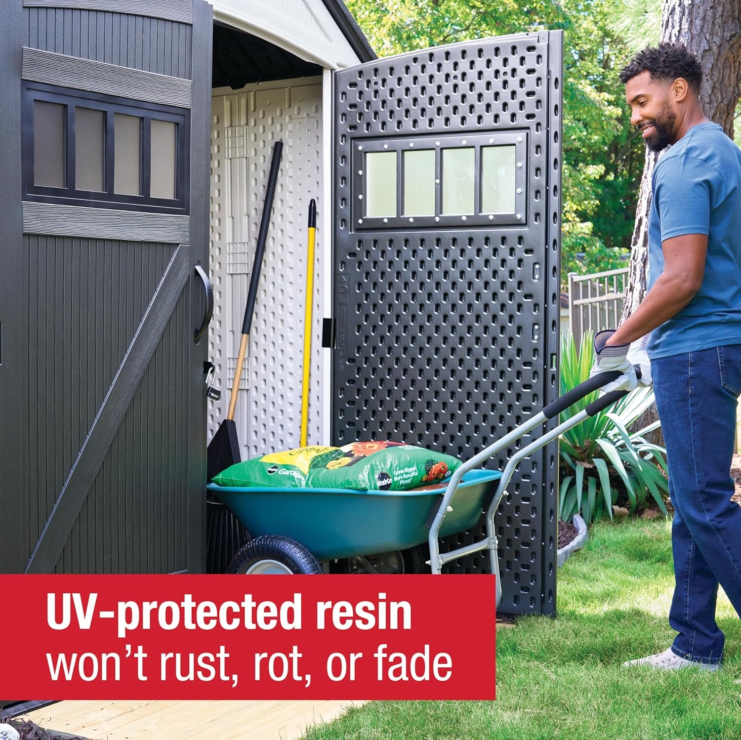 image:imageRubbermaid Resin Outdoor Storage Shed With Floor 7 x 35 Ft Weather Resistant BrownGrey Organization for HomeLawn MowerBackyard EquipmentBike StoragePool SuppliesWinter Fog