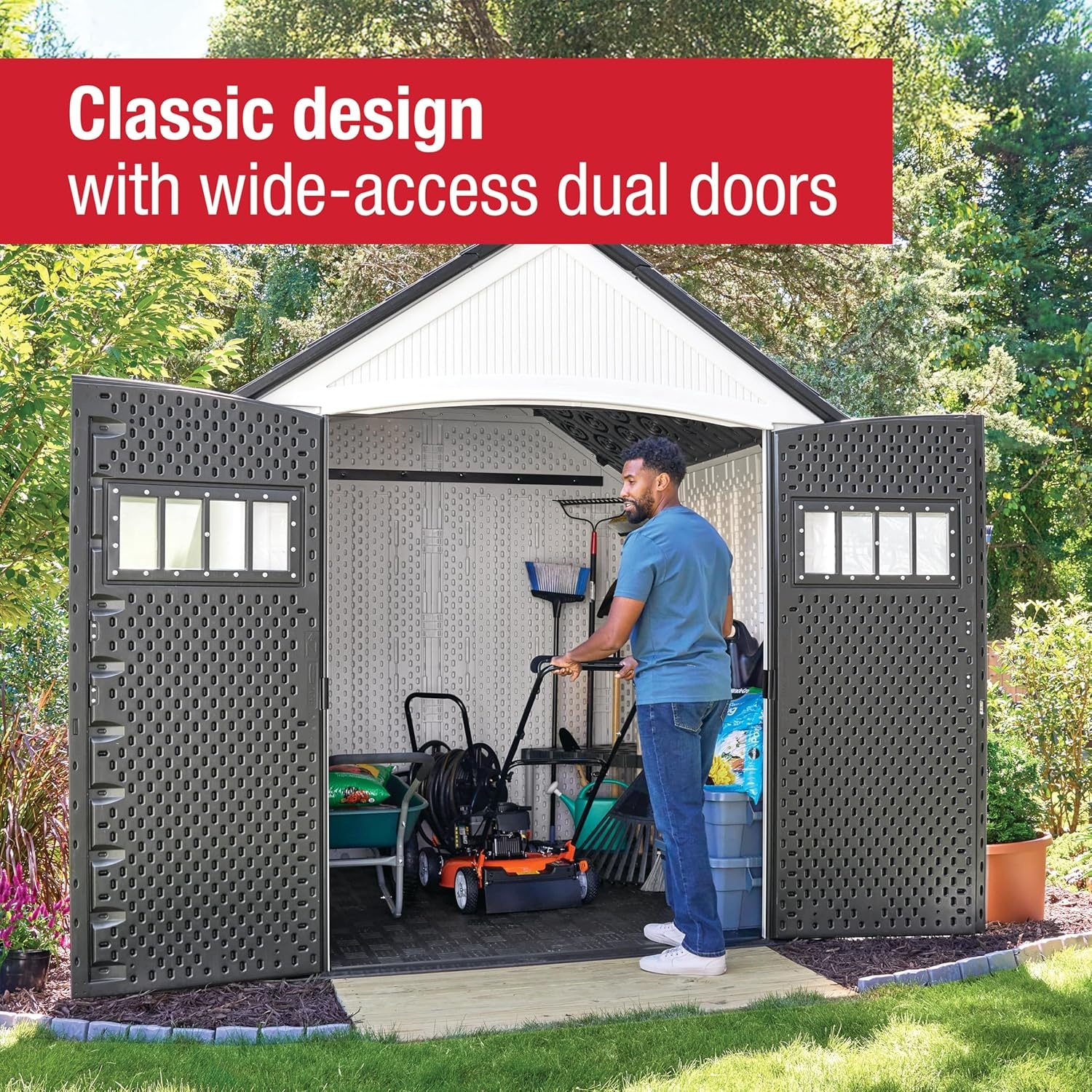 image:imageRubbermaid Resin Outdoor Storage Shed With Floor 7 x 35 Ft Weather Resistant BrownGrey Organization for HomeLawn MowerBackyard EquipmentBike StoragePool SuppliesWinter Fog
