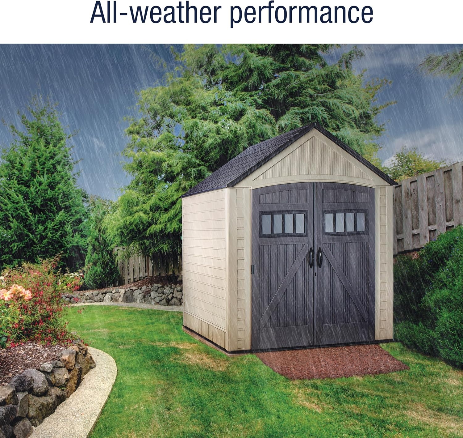 image:imageRubbermaid Resin Outdoor Storage Shed With Floor 7 x 35 Ft Weather Resistant BrownGrey Organization for HomeLawn MowerBackyard EquipmentBike StoragePool SuppliesLight Brown