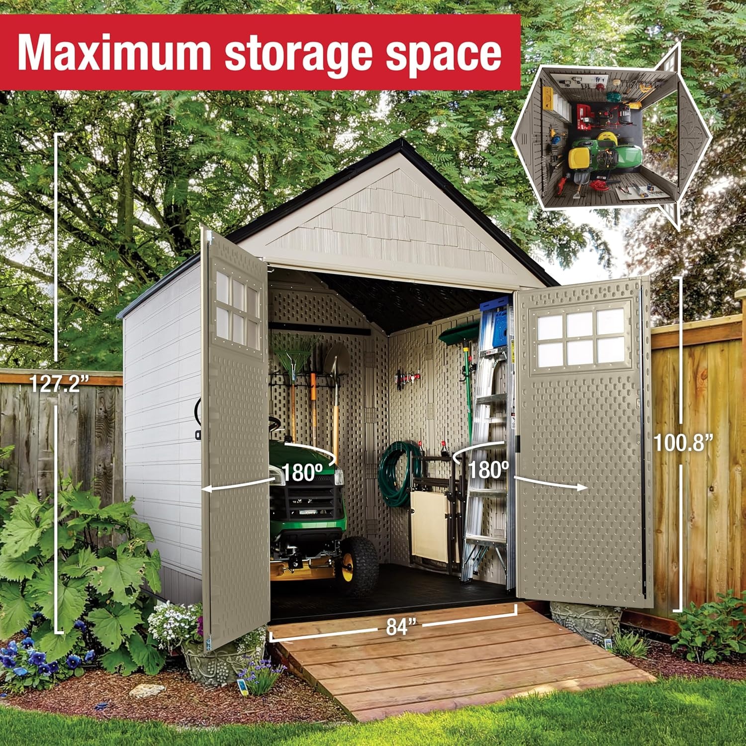 image:imageRubbermaid Resin Outdoor Storage Shed With Floor 7 x 35 Ft Weather Resistant BrownGrey Organization for HomeLawn MowerBackyard EquipmentBike StoragePool SuppliesBeige
