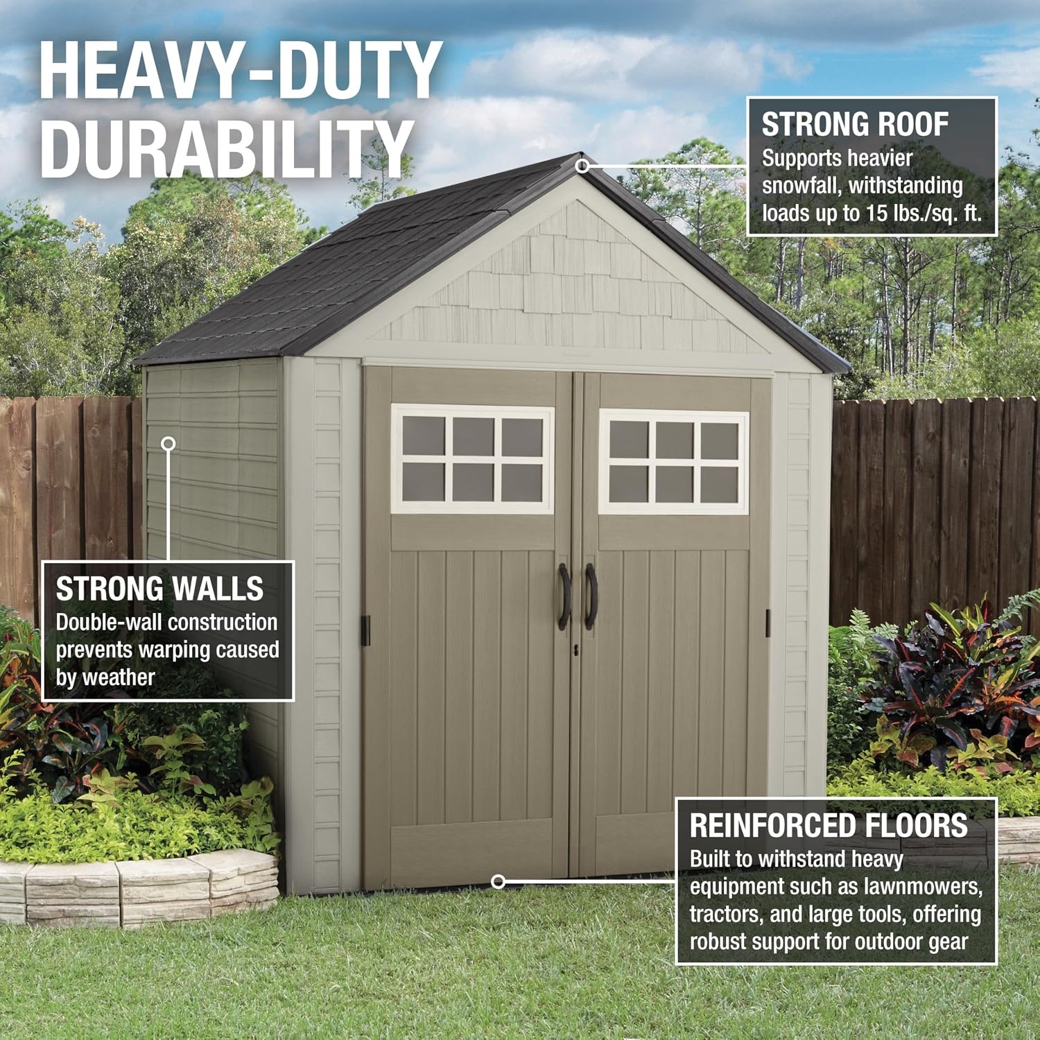 image:imageRubbermaid Resin Outdoor Storage Shed With Floor 7 x 35 Ft Weather Resistant BrownGrey Organization for HomeLawn MowerBackyard EquipmentBike StoragePool SuppliesBeige