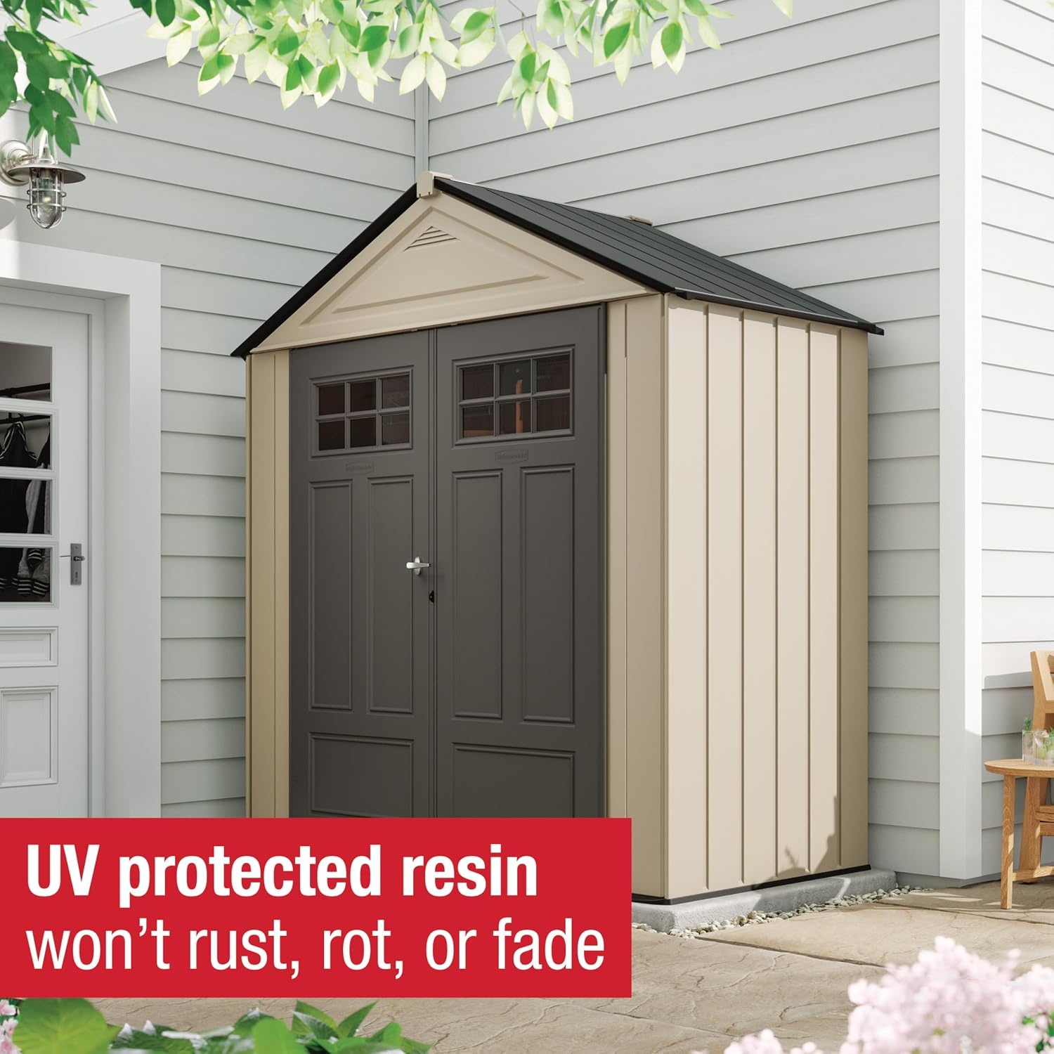 image:imageRubbermaid Resin Outdoor Storage Shed With Floor 7 x 35 Ft Weather Resistant BrownGrey Organization for HomeLawn MowerBackyard EquipmentBike StoragePool SuppliesLight Brown