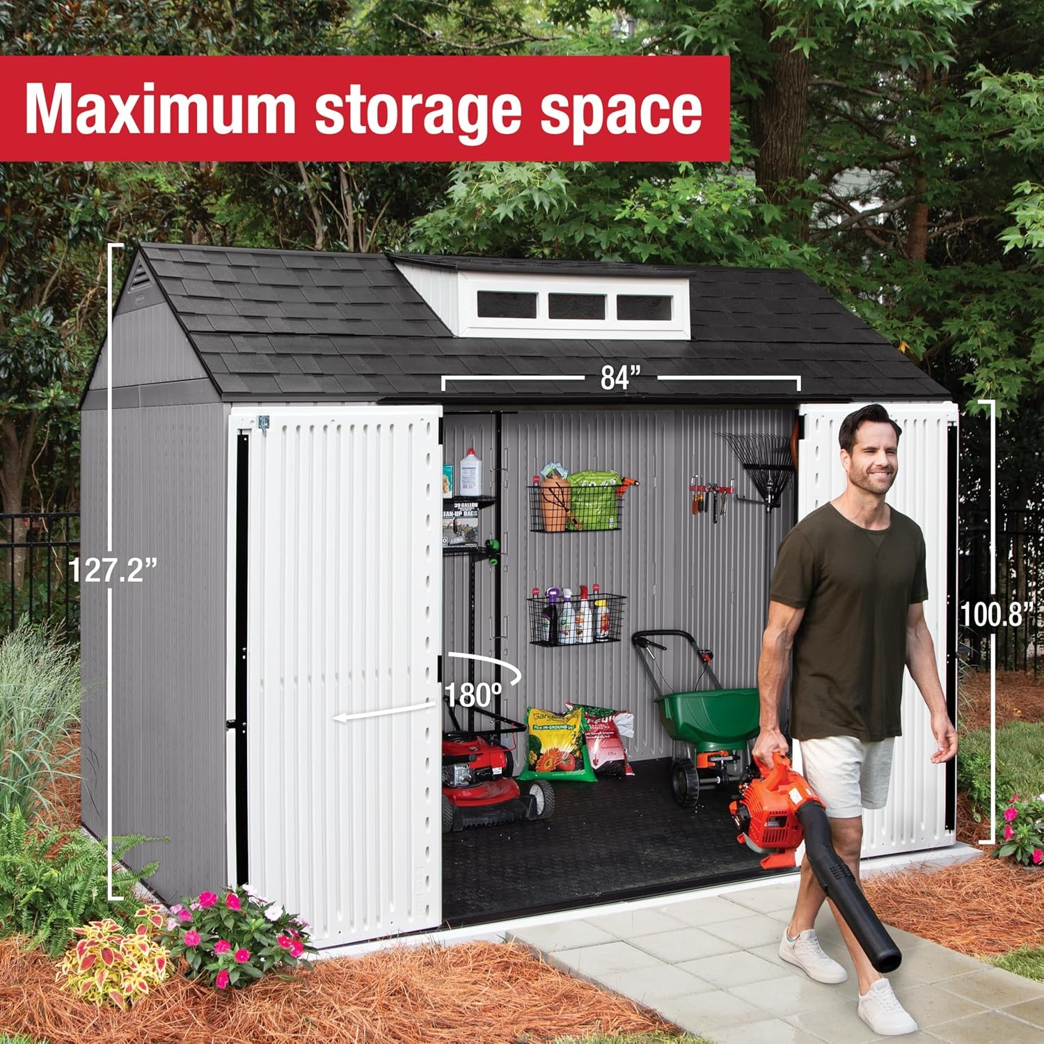 image:imageRubbermaid Resin Outdoor Storage Shed With Floor 7 x 35 Ft Weather Resistant BrownGrey Organization for HomeLawn MowerBackyard EquipmentBike StoragePool SuppliesGray