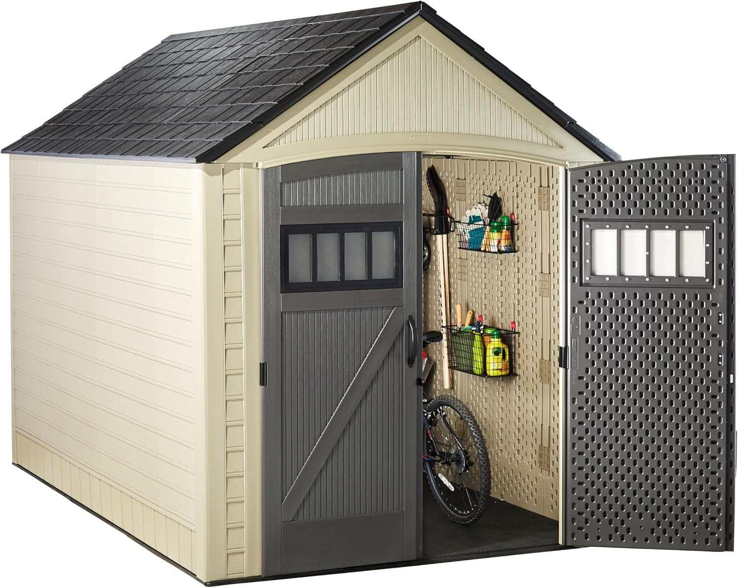 image:imageRubbermaid Resin Outdoor Storage Shed With Floor 7 x 35 Ft Weather Resistant BrownGrey Organization for HomeLawn MowerBackyard EquipmentBike StoragePool SuppliesLight Brown