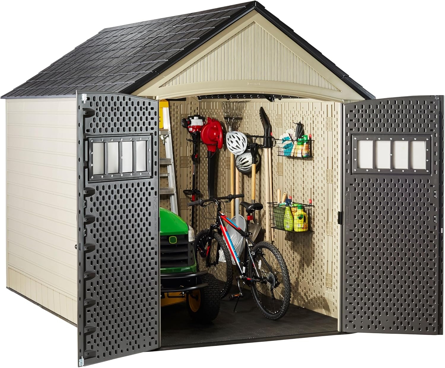image:imageRubbermaid Resin Outdoor Storage Shed With Floor 7 x 35 Ft Weather Resistant BrownGrey Organization for HomeLawn MowerBackyard EquipmentBike StoragePool SuppliesLight Brown
