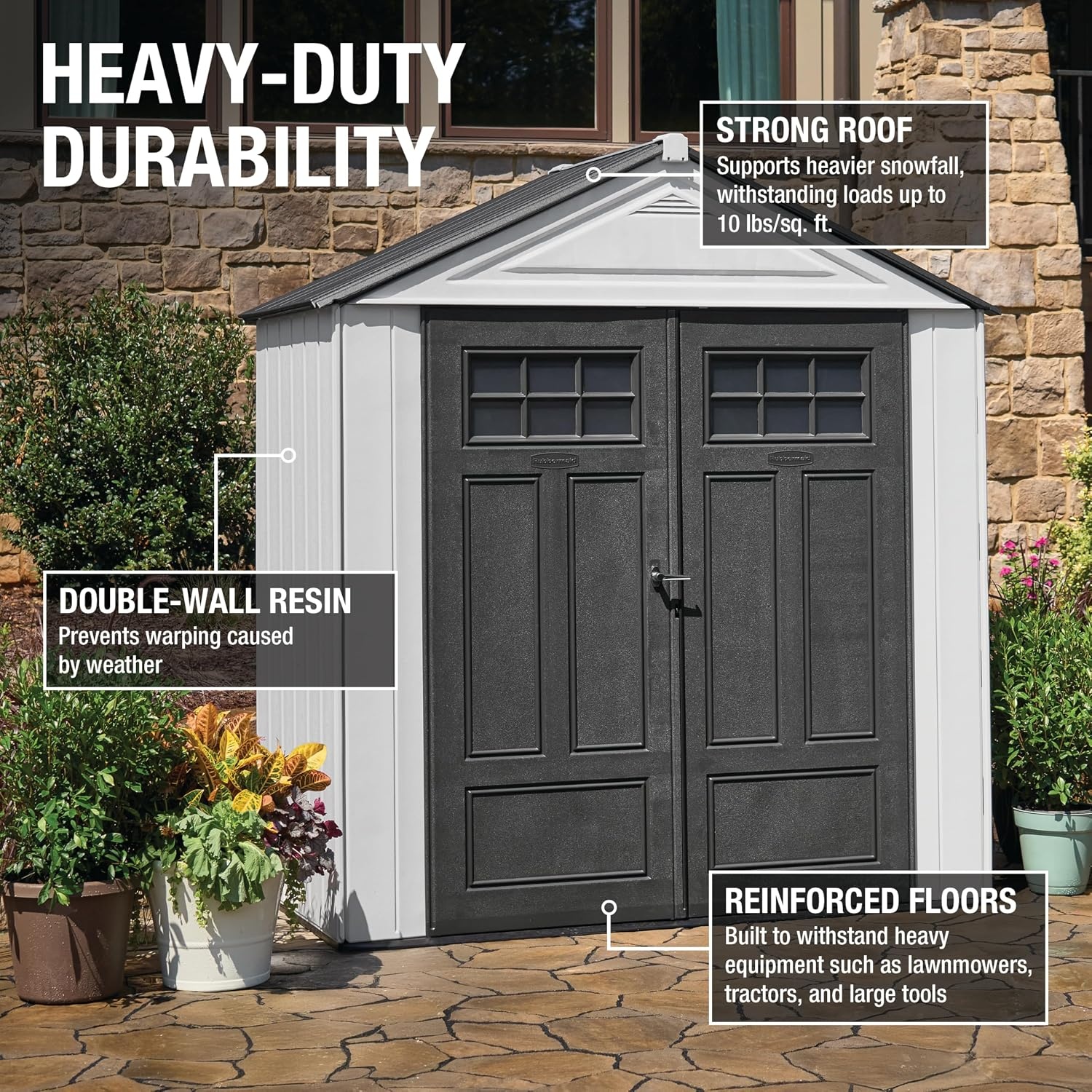 image:imageRubbermaid Resin Outdoor Storage Shed With Floor 7 x 35 Ft Weather Resistant BrownGrey Organization for HomeLawn MowerBackyard EquipmentBike StoragePool SuppliesWinter Fog