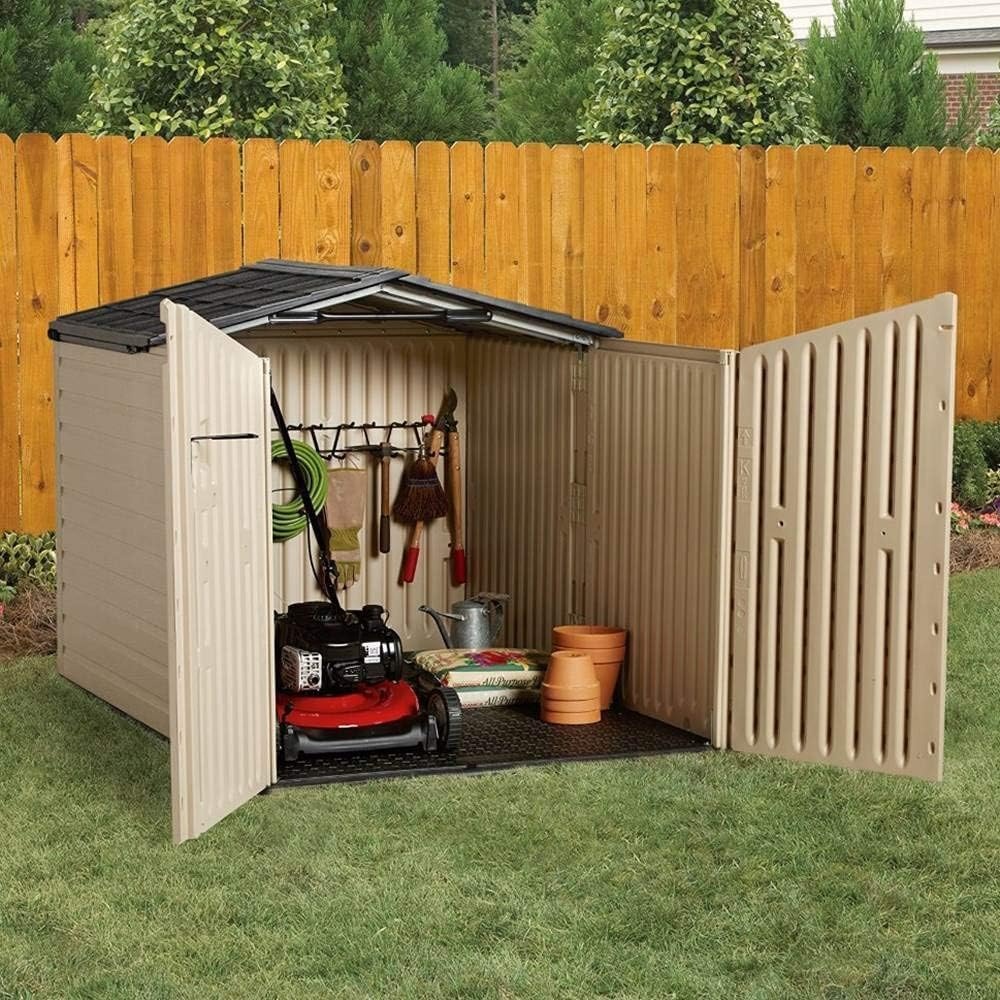 image:imageRubbermaid Resin Outdoor Storage Shed With Floor 7 x 35 Ft Weather Resistant BrownGrey Organization for HomeLawn MowerBackyard EquipmentBike StoragePool SuppliesBeige