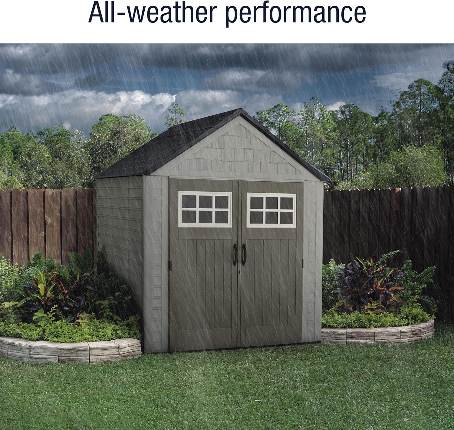 image:imageRubbermaid Resin Outdoor Storage Shed With Floor 7 x 35 Ft Weather Resistant BrownGrey Organization for HomeLawn MowerBackyard EquipmentBike StoragePool SuppliesBeige