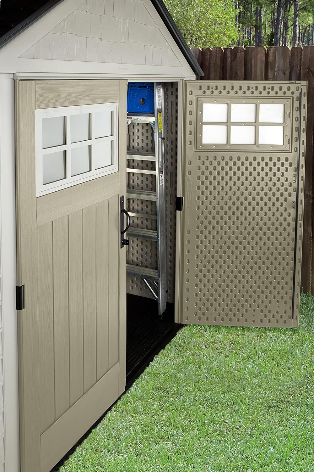 image:imageRubbermaid Resin Outdoor Storage Shed With Floor 7 x 35 Ft Weather Resistant BrownGrey Organization for HomeLawn MowerBackyard EquipmentBike StoragePool SuppliesBeige