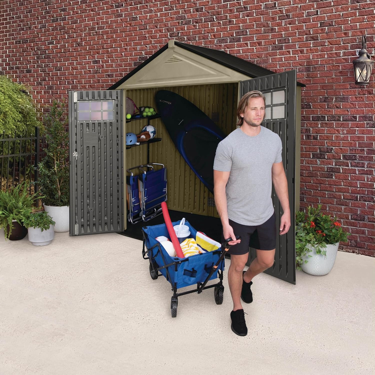 image:imageRubbermaid Resin Outdoor Storage Shed With Floor 7 x 35 Ft Weather Resistant BrownGrey Organization for HomeLawn MowerBackyard EquipmentBike StoragePool SuppliesLight Brown