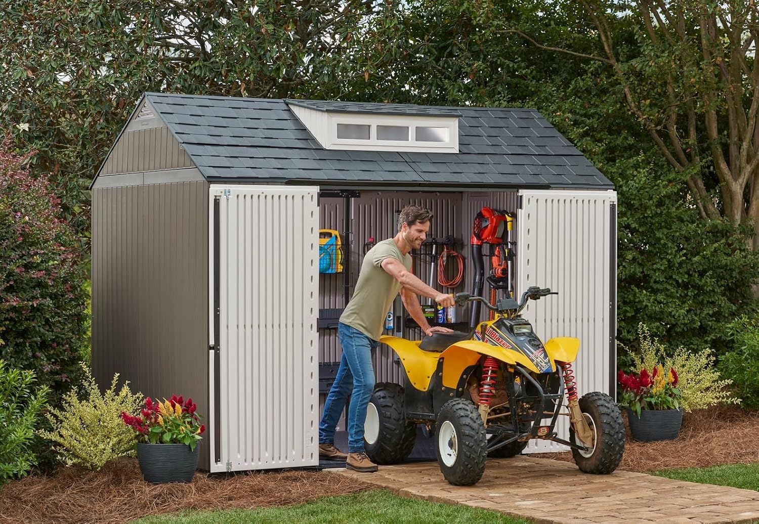 image:imageRubbermaid Resin Outdoor Storage Shed With Floor 7 x 35 Ft Weather Resistant BrownGrey Organization for HomeLawn MowerBackyard EquipmentBike StoragePool SuppliesBrown