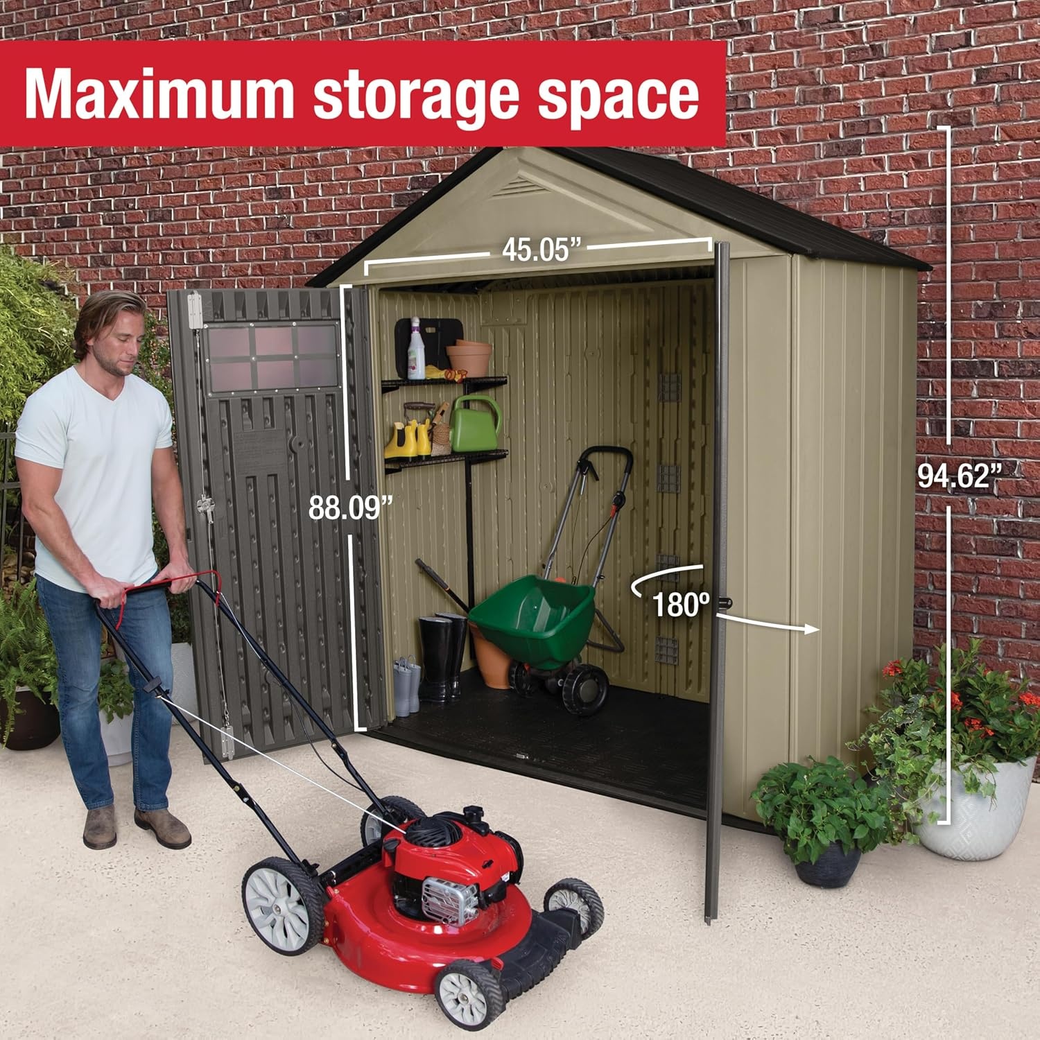 image:imageRubbermaid Resin Outdoor Storage Shed With Floor 7 x 35 Ft Weather Resistant BrownGrey Organization for HomeLawn MowerBackyard EquipmentBike StoragePool SuppliesLight Brown