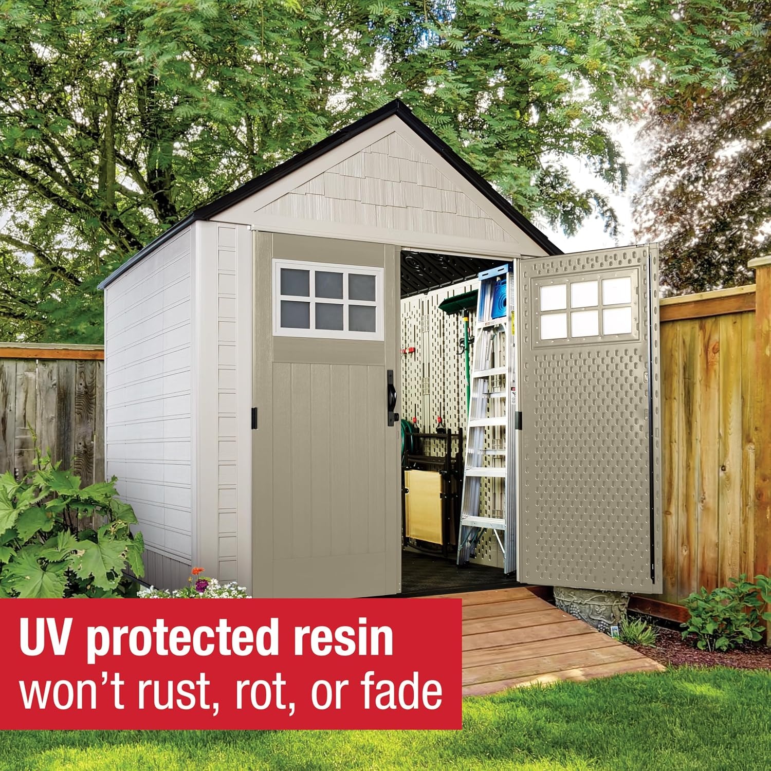 image:imageRubbermaid Resin Outdoor Storage Shed With Floor 7 x 35 Ft Weather Resistant BrownGrey Organization for HomeLawn MowerBackyard EquipmentBike StoragePool SuppliesBeige