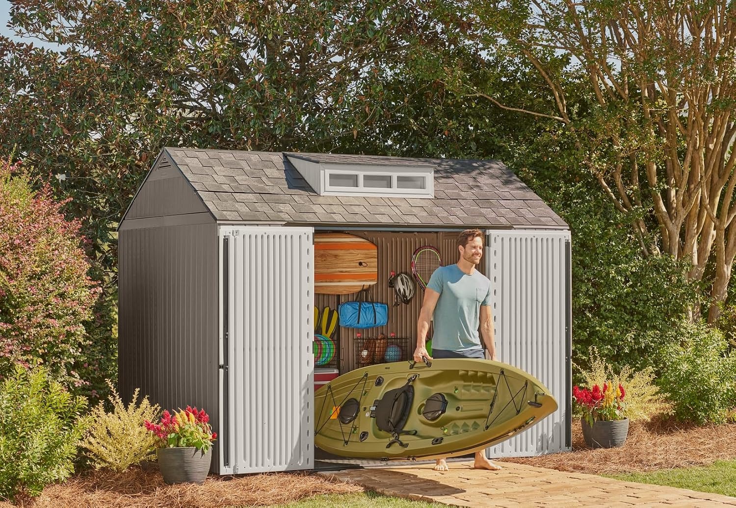 image:imageRubbermaid Resin Outdoor Storage Shed With Floor 7 x 35 Ft Weather Resistant BrownGrey Organization for HomeLawn MowerBackyard EquipmentBike StoragePool SuppliesBrown