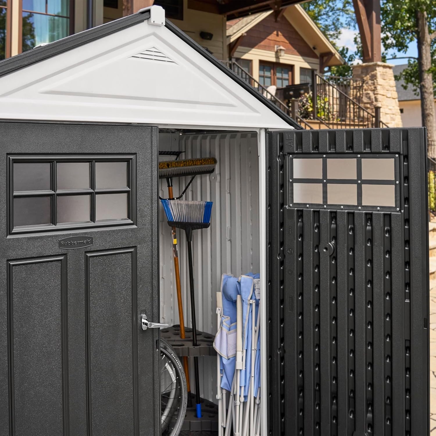 image:imageRubbermaid Resin Outdoor Storage Shed With Floor 7 x 35 Ft Weather Resistant BrownGrey Organization for HomeLawn MowerBackyard EquipmentBike StoragePool SuppliesWinter Fog