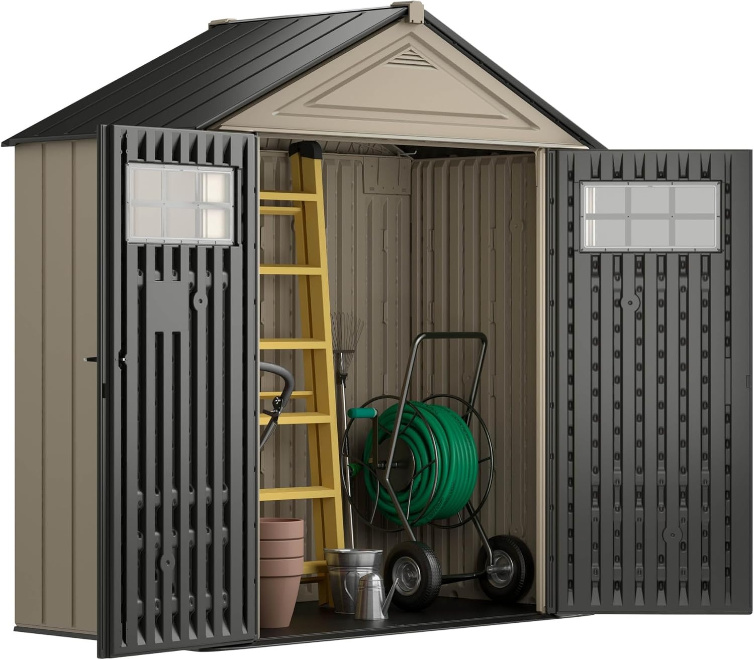 image:imageRubbermaid Resin Outdoor Storage Shed With Floor 7 x 35 Ft Weather Resistant BrownGrey Organization for HomeLawn MowerBackyard EquipmentBike StoragePool SuppliesLight Brown