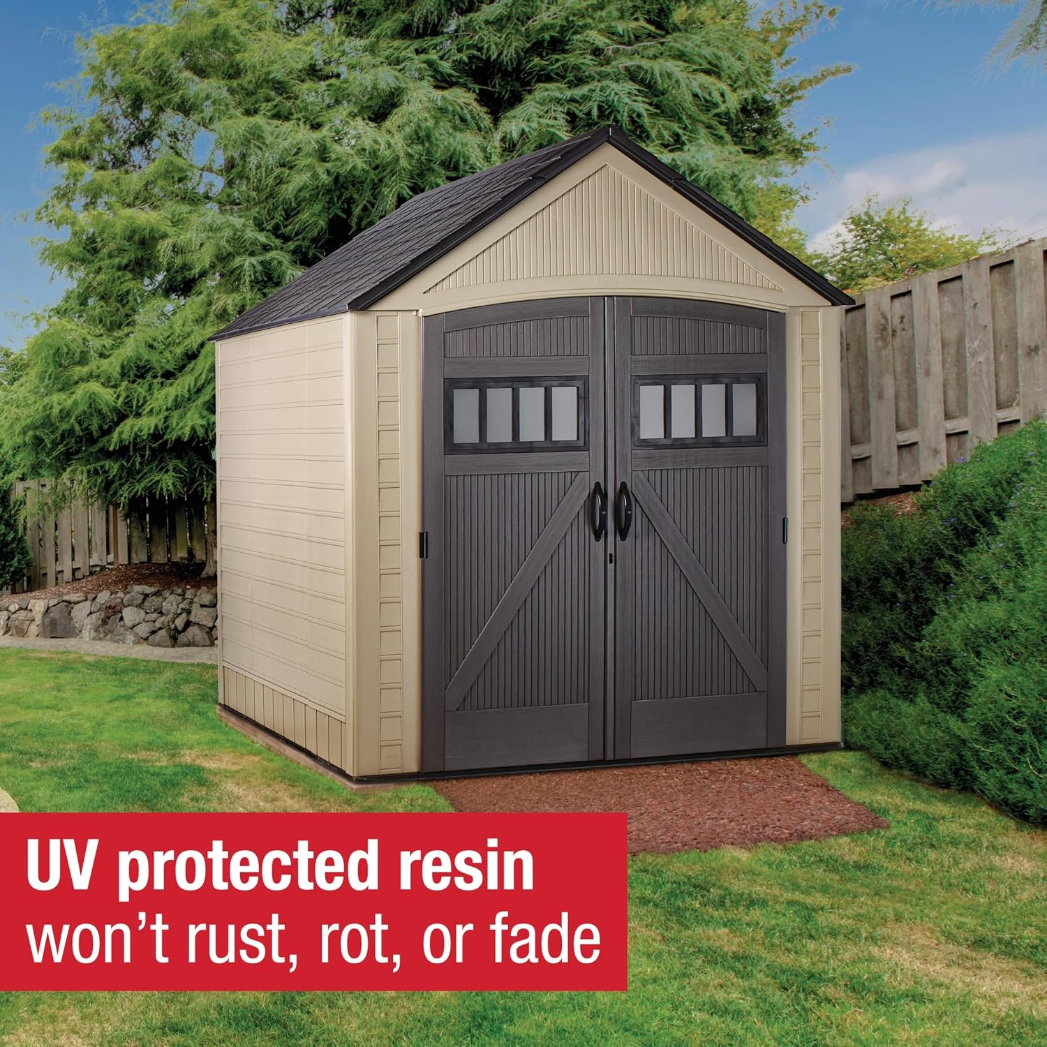 image:imageRubbermaid Resin Outdoor Storage Shed With Floor 7 x 35 Ft Weather Resistant BrownGrey Organization for HomeLawn MowerBackyard EquipmentBike StoragePool SuppliesLight Brown