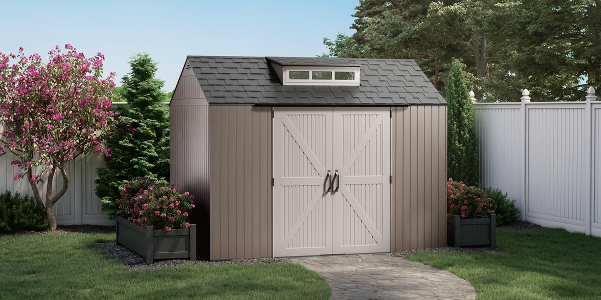 image:imageRubbermaid Resin Outdoor Storage Shed With Floor 7 x 35 Ft Weather Resistant BrownGrey Organization for HomeLawn MowerBackyard EquipmentBike StoragePool SuppliesBrown