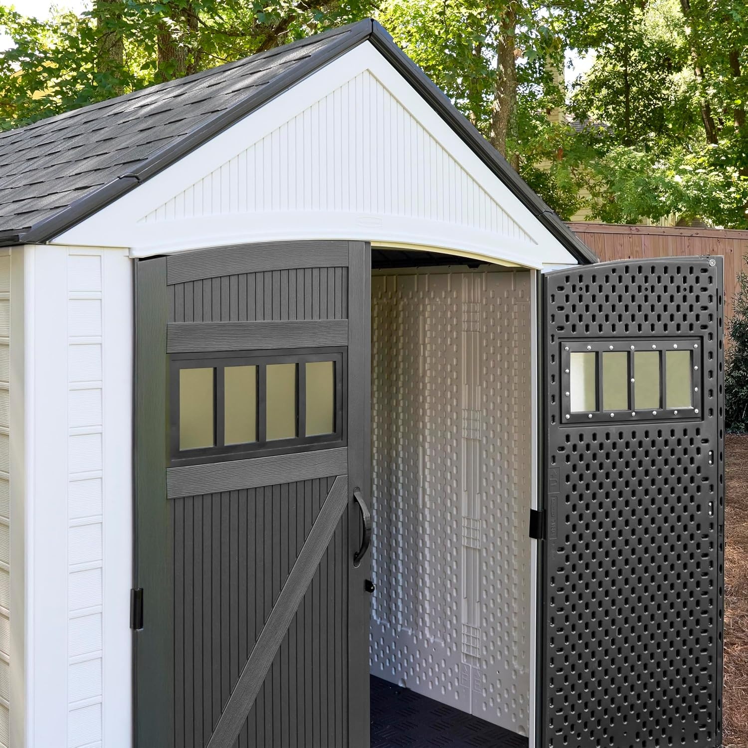 image:imageRubbermaid Resin Outdoor Storage Shed With Floor 7 x 35 Ft Weather Resistant BrownGrey Organization for HomeLawn MowerBackyard EquipmentBike StoragePool SuppliesWinter Fog