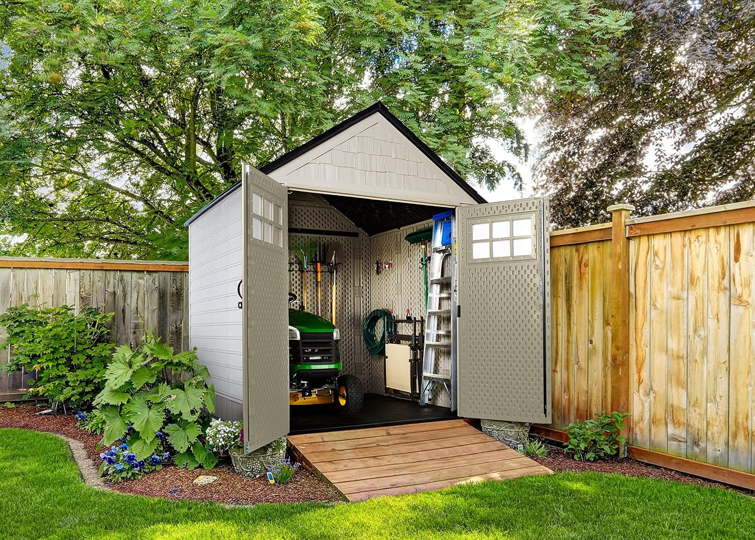 image:imageRubbermaid Resin Outdoor Storage Shed With Floor 7 x 35 Ft Weather Resistant BrownGrey Organization for HomeLawn MowerBackyard EquipmentBike StoragePool SuppliesBeige