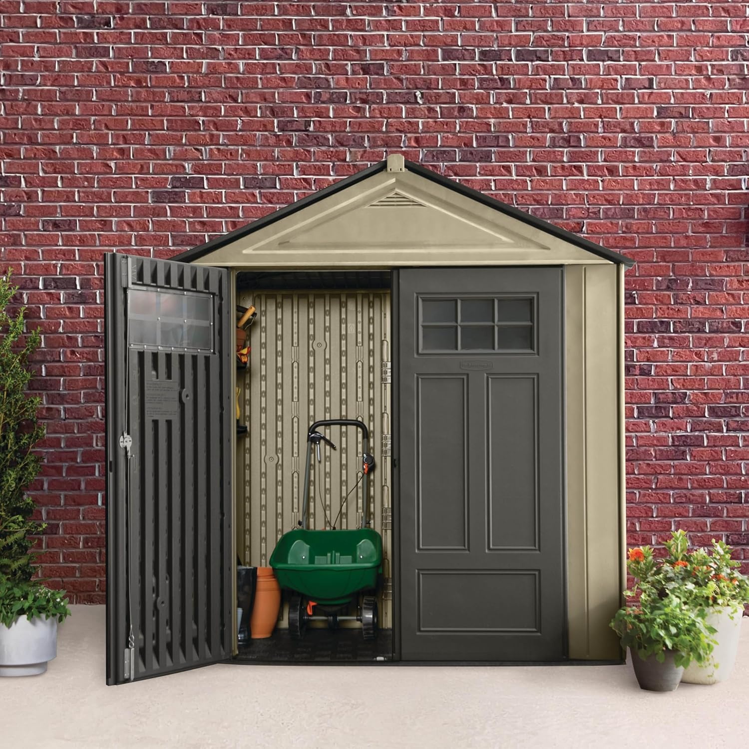 image:imageRubbermaid Resin Outdoor Storage Shed With Floor 7 x 35 Ft Weather Resistant BrownGrey Organization for HomeLawn MowerBackyard EquipmentBike StoragePool SuppliesLight Brown