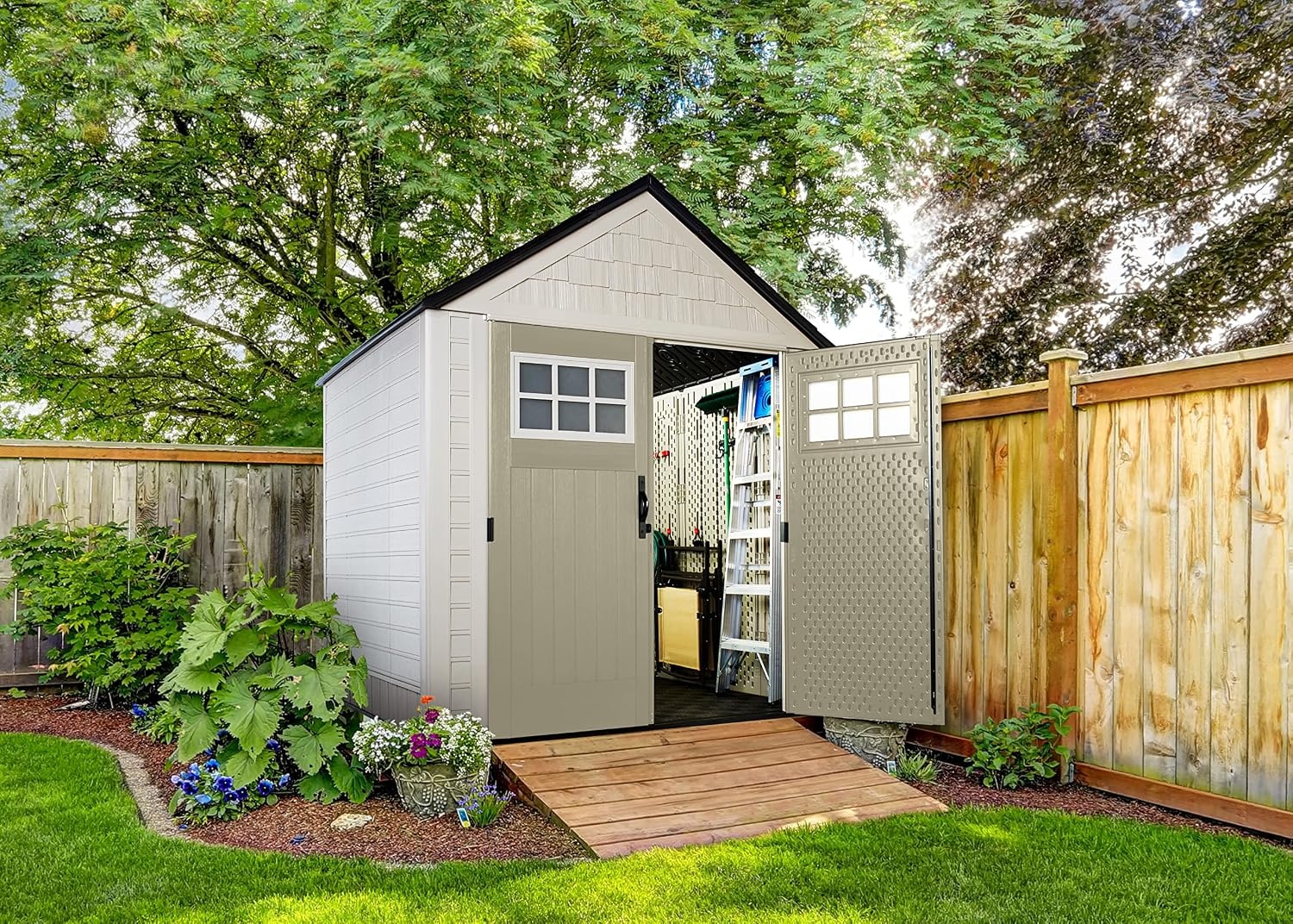 image:imageRubbermaid Resin Outdoor Storage Shed With Floor 7 x 35 Ft Weather Resistant BrownGrey Organization for HomeLawn MowerBackyard EquipmentBike StoragePool SuppliesBeige
