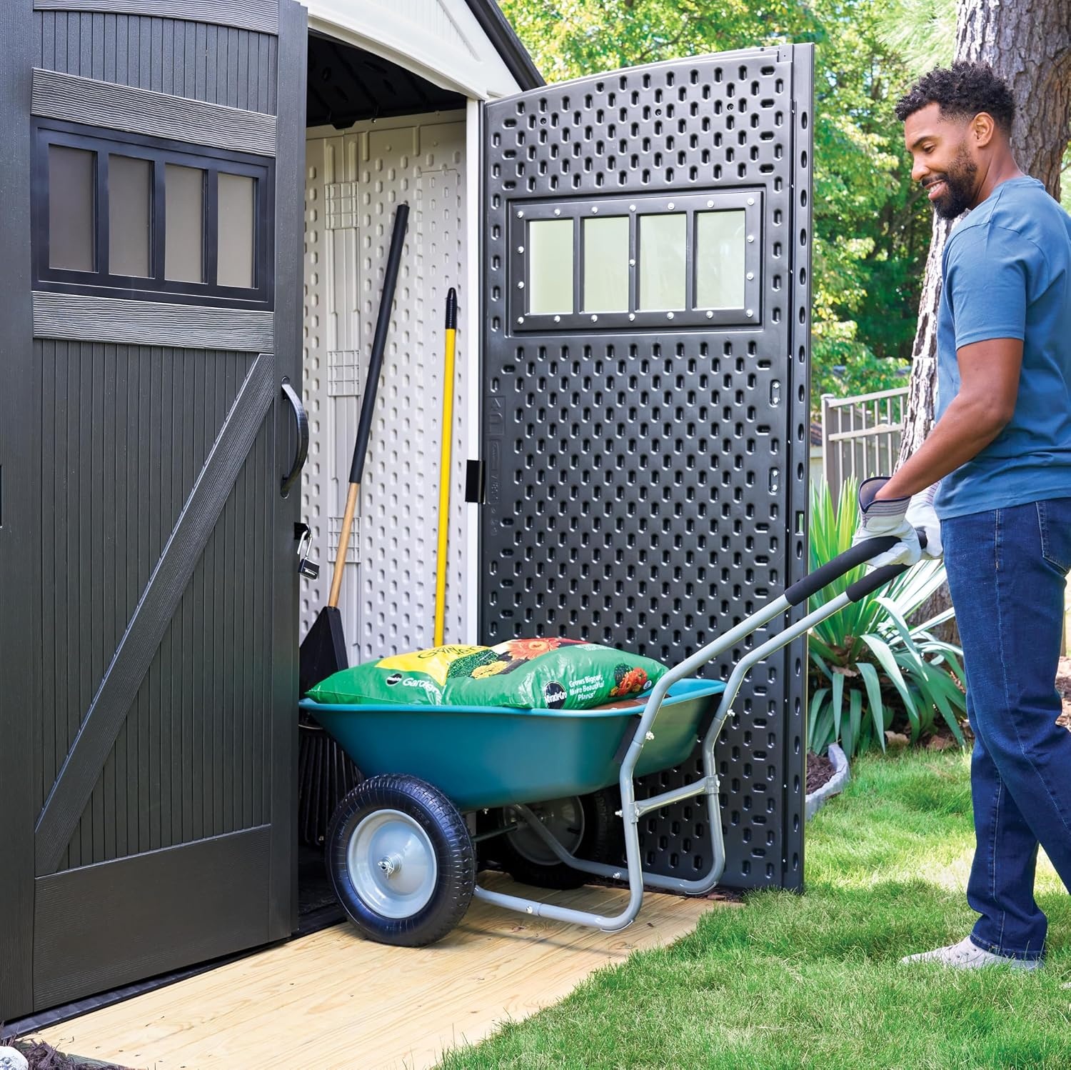image:imageRubbermaid Resin Outdoor Storage Shed With Floor 7 x 35 Ft Weather Resistant BrownGrey Organization for HomeLawn MowerBackyard EquipmentBike StoragePool SuppliesWinter Fog