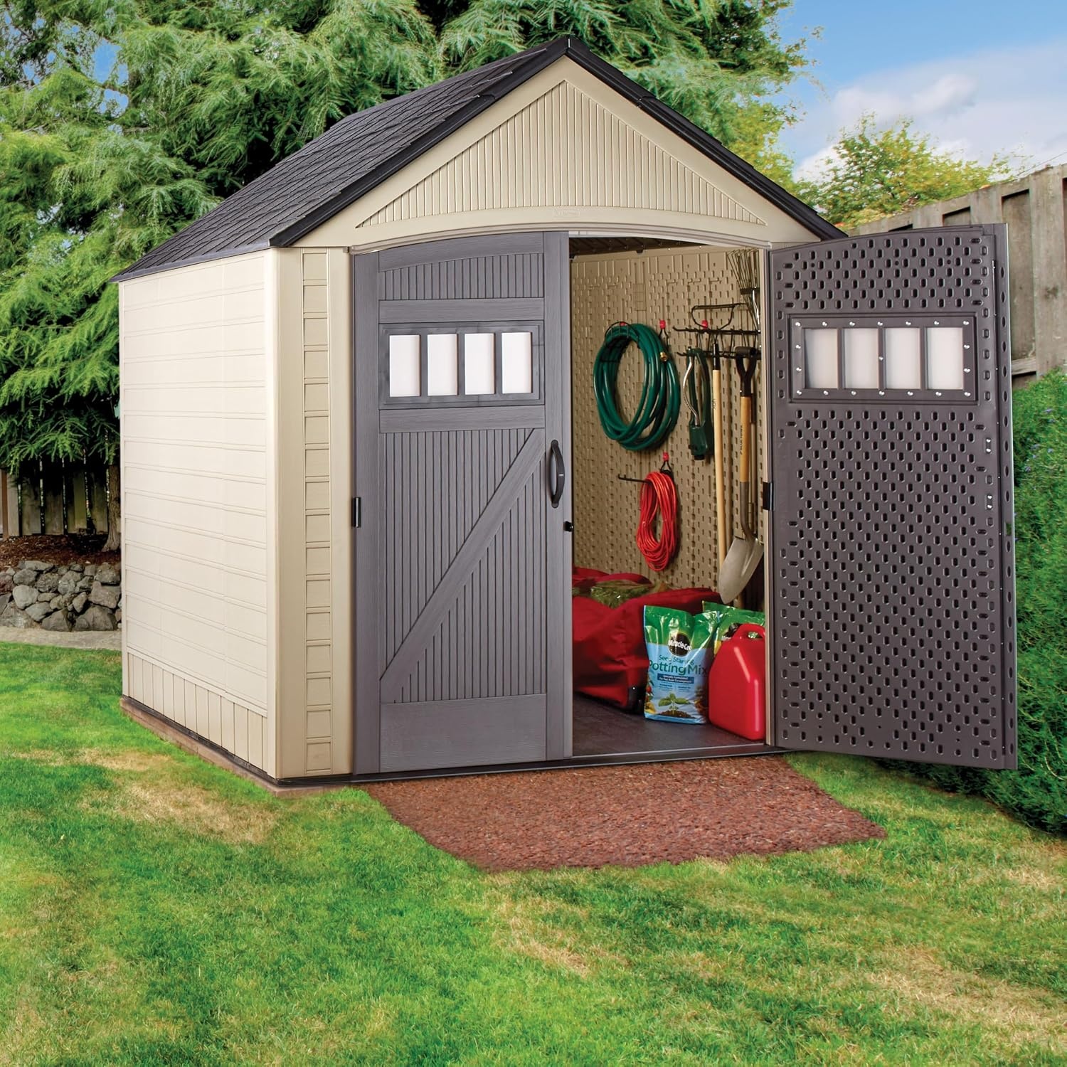 image:imageRubbermaid Resin Outdoor Storage Shed With Floor 7 x 35 Ft Weather Resistant BrownGrey Organization for HomeLawn MowerBackyard EquipmentBike StoragePool SuppliesLight Brown