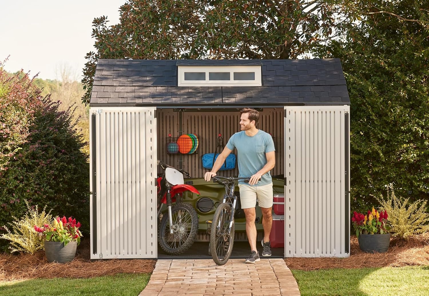 image:imageRubbermaid Resin Outdoor Storage Shed With Floor 7 x 35 Ft Weather Resistant BrownGrey Organization for HomeLawn MowerBackyard EquipmentBike StoragePool SuppliesBrown