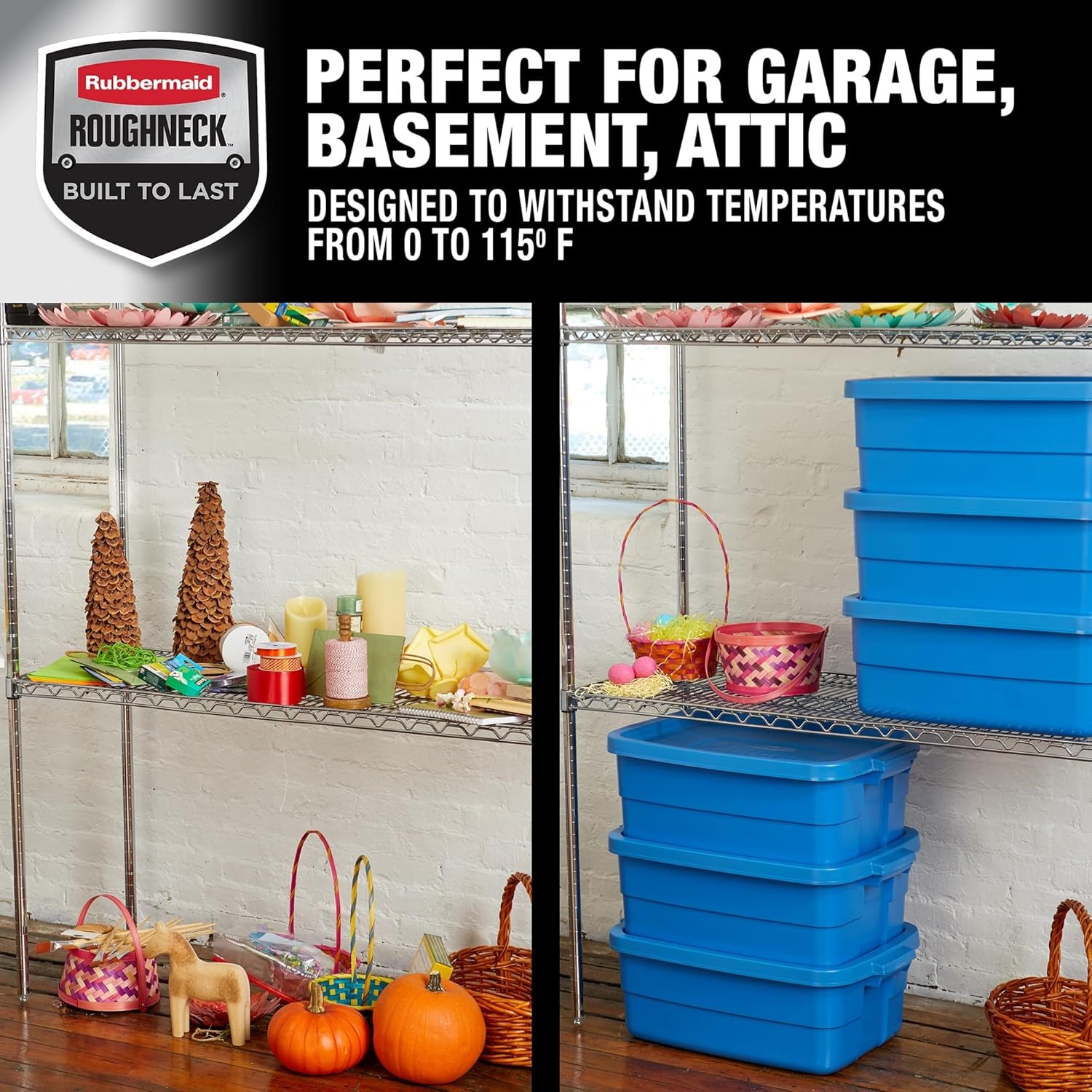 image:imageRubbermaid Roughneck Tote 10 Gal 6 Pack Made in USA Heritage Blue Rugged Plastic Stackable Storage Bins with Lids and Handles10 Gal 6 Pack