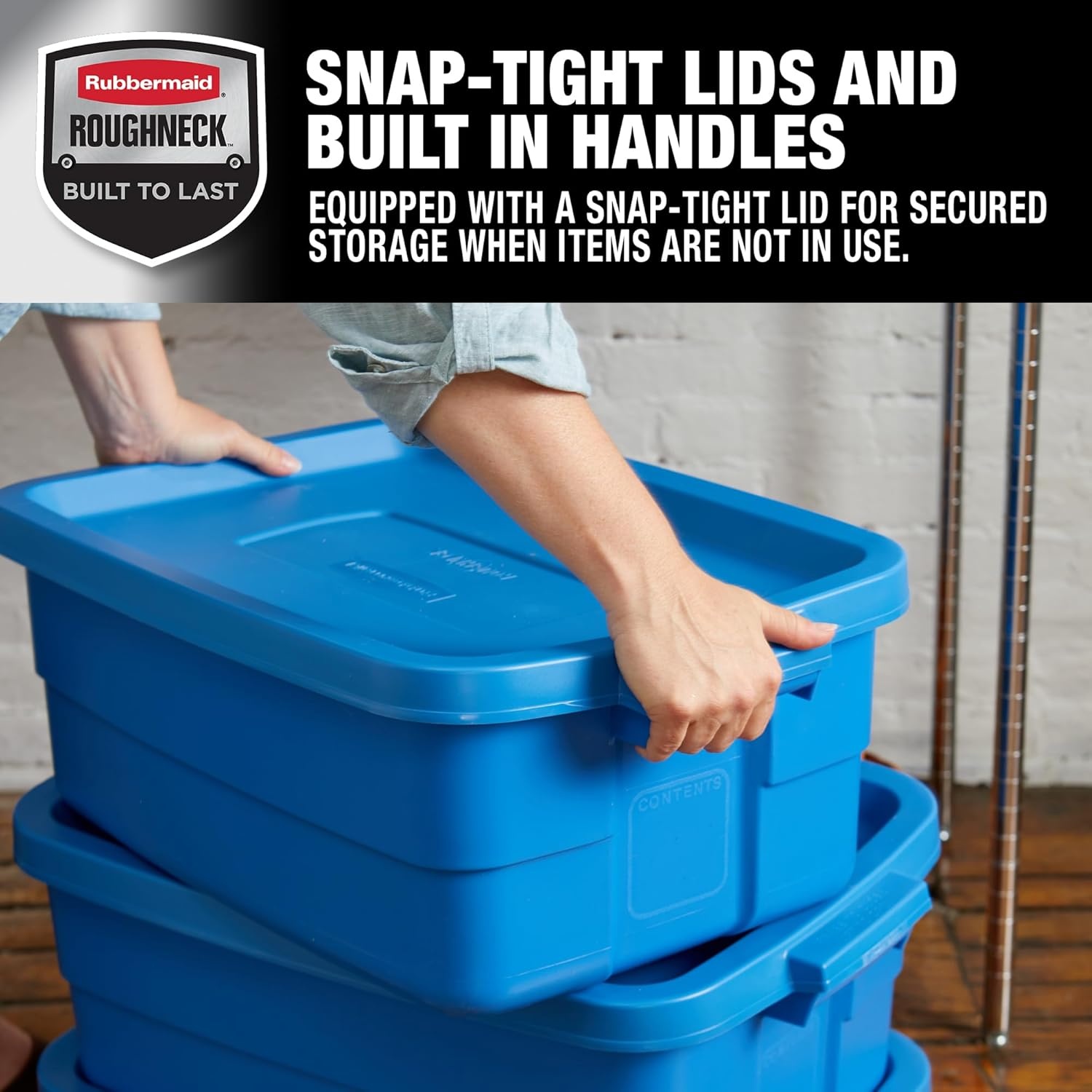 image:imageRubbermaid Roughneck Tote 10 Gal 6 Pack Made in USA Heritage Blue Rugged Plastic Stackable Storage Bins with Lids and Handles10 Gal 6 Pack