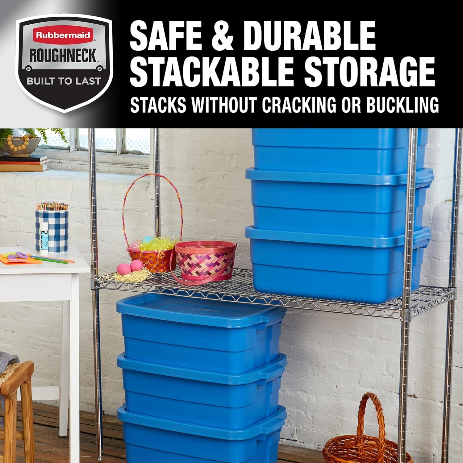 image:imageRubbermaid Roughneck Tote 10 Gal 6 Pack Made in USA Heritage Blue Rugged Plastic Stackable Storage Bins with Lids and Handles10 Gal 6 Pack