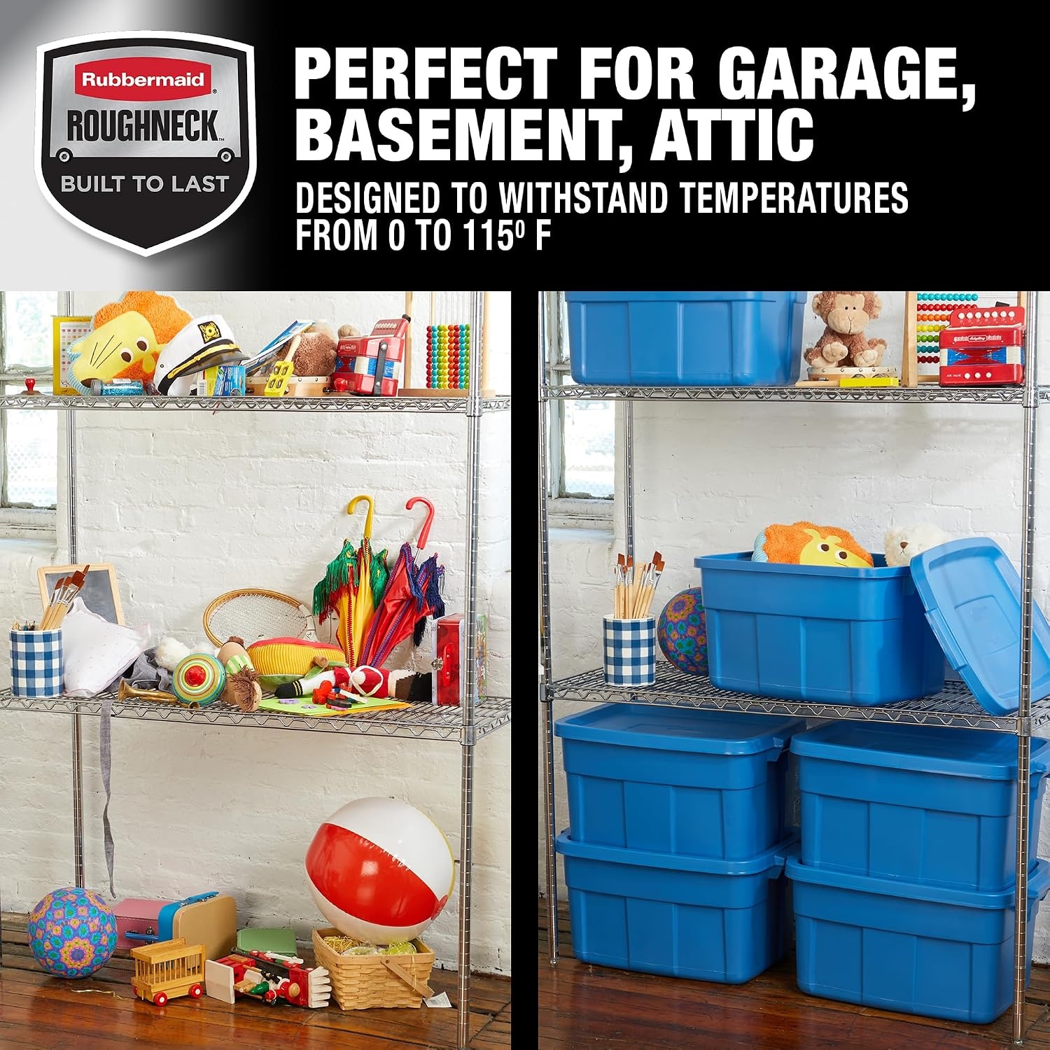 image:imageRubbermaid Roughneck Tote 10 Gal 6 Pack Made in USA Heritage Blue Rugged Plastic Stackable Storage Bins with Lids and Handles14 Gal 6 Pack