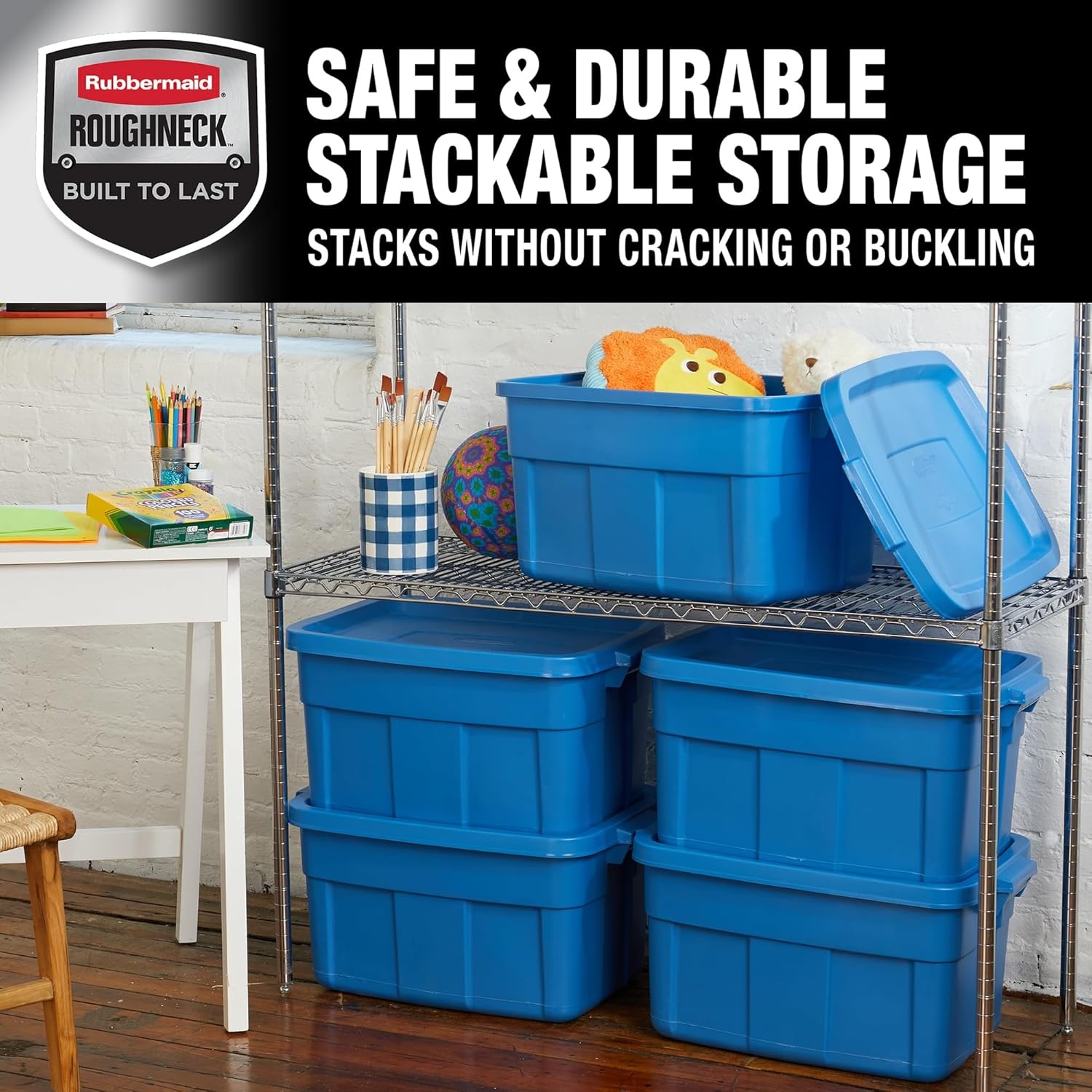 image:imageRubbermaid Roughneck Tote 10 Gal 6 Pack Made in USA Heritage Blue Rugged Plastic Stackable Storage Bins with Lids and Handles14 Gal 6 Pack