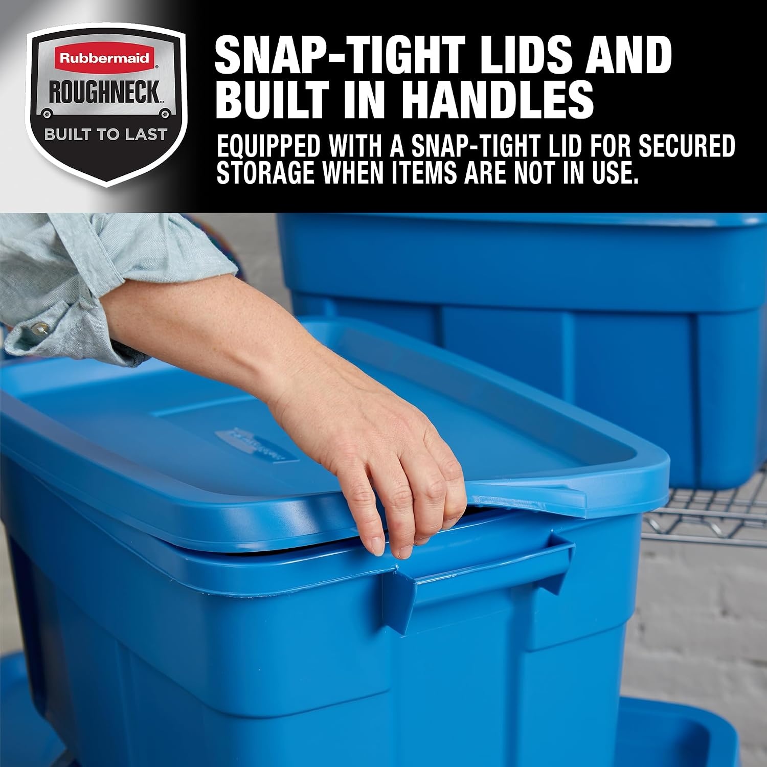 image:imageRubbermaid Roughneck Tote 10 Gal 6 Pack Made in USA Heritage Blue Rugged Plastic Stackable Storage Bins with Lids and Handles14 Gal 6 Pack