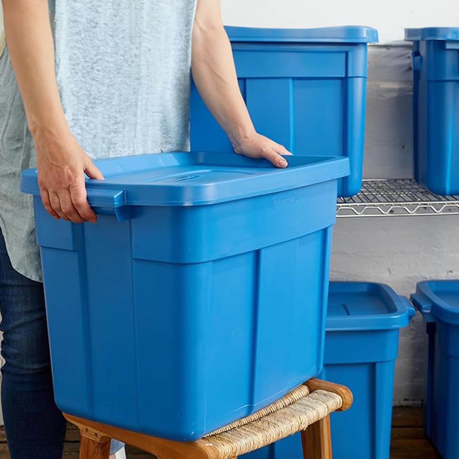 image:imageRubbermaid Roughneck Tote 10 Gal 6 Pack Made in USA Heritage Blue Rugged Plastic Stackable Storage Bins with Lids and Handles18 Gal 10 Pack