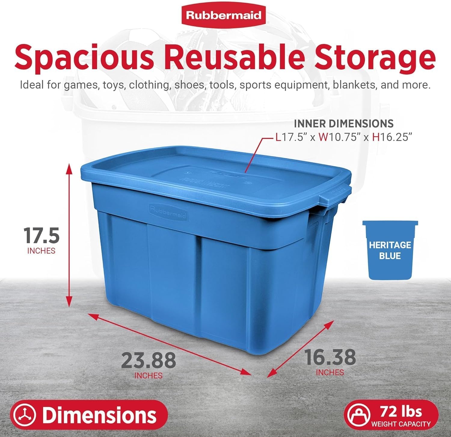 image:imageRubbermaid Roughneck Tote 10 Gal 6 Pack Made in USA Heritage Blue Rugged Plastic Stackable Storage Bins with Lids and Handles18 Gal 10 Pack