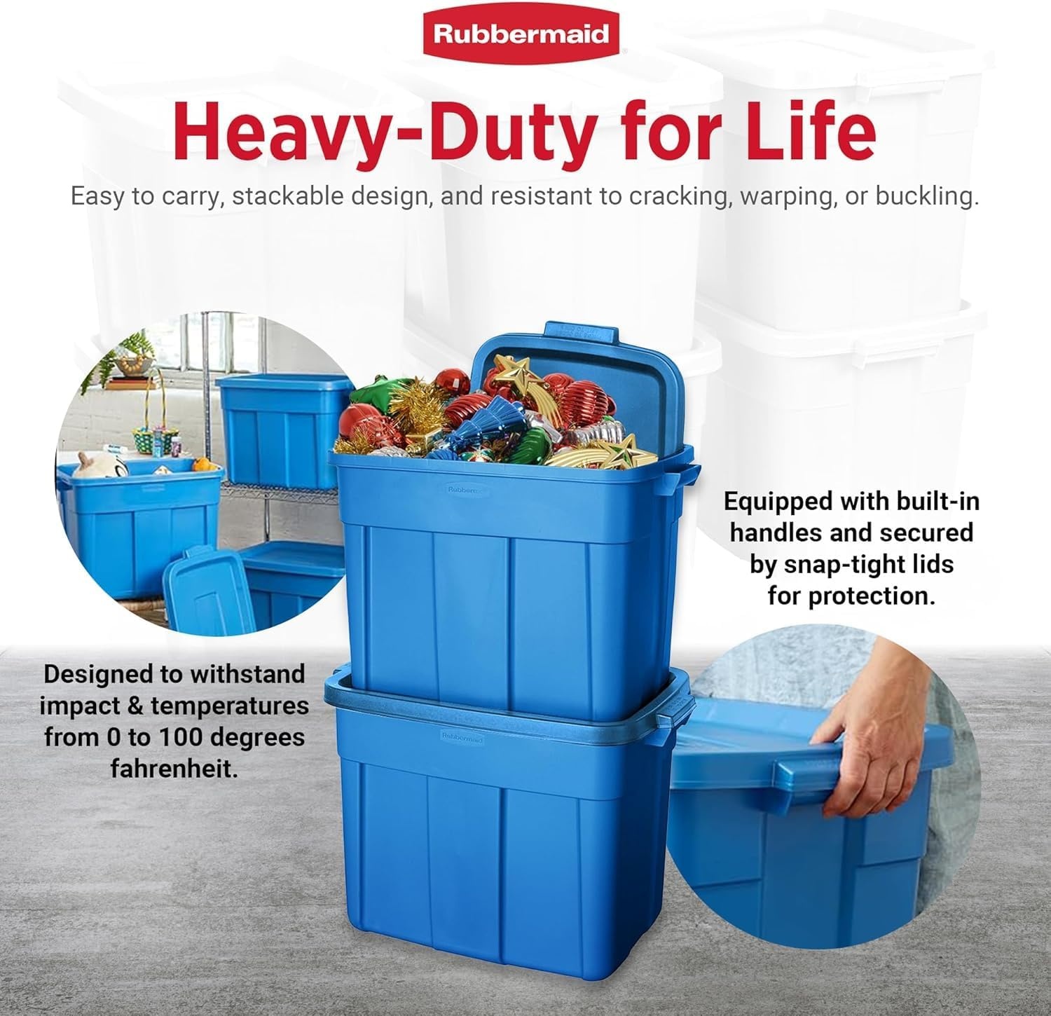 image:imageRubbermaid Roughneck Tote 10 Gal 6 Pack Made in USA Heritage Blue Rugged Plastic Stackable Storage Bins with Lids and Handles18 Gal 10 Pack