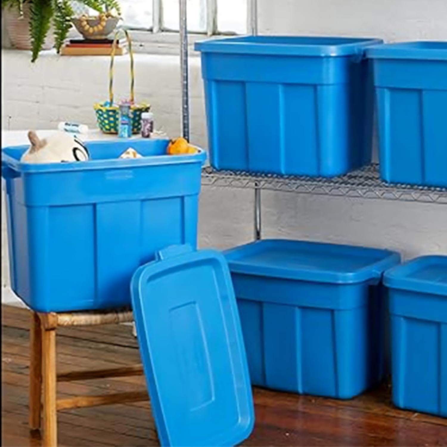 image:imageRubbermaid Roughneck Tote 10 Gal 6 Pack Made in USA Heritage Blue Rugged Plastic Stackable Storage Bins with Lids and Handles18 Gal 6 Pack