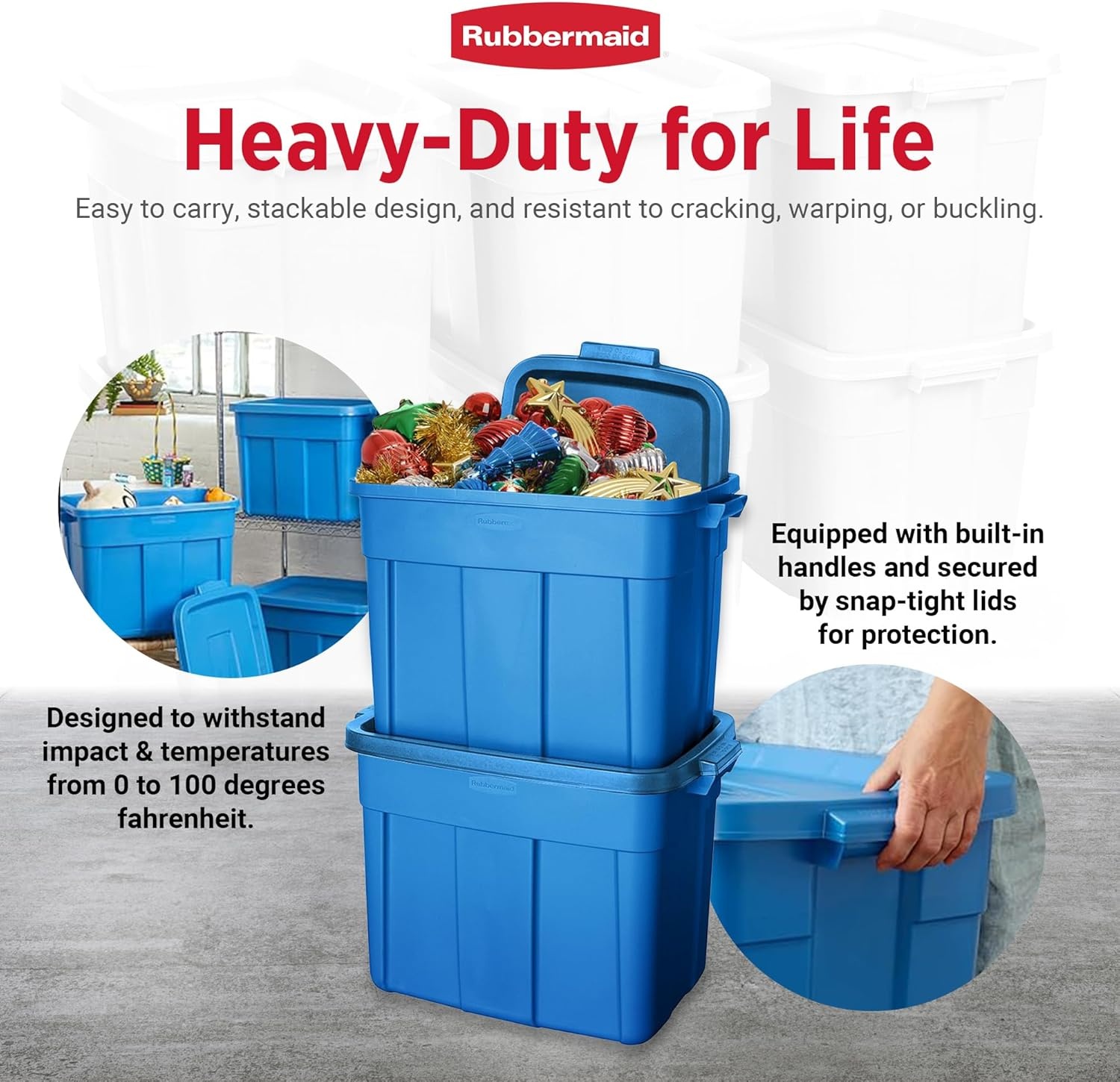 image:imageRubbermaid Roughneck Tote 10 Gal 6 Pack Made in USA Heritage Blue Rugged Plastic Stackable Storage Bins with Lids and Handles18 Gal 6 Pack