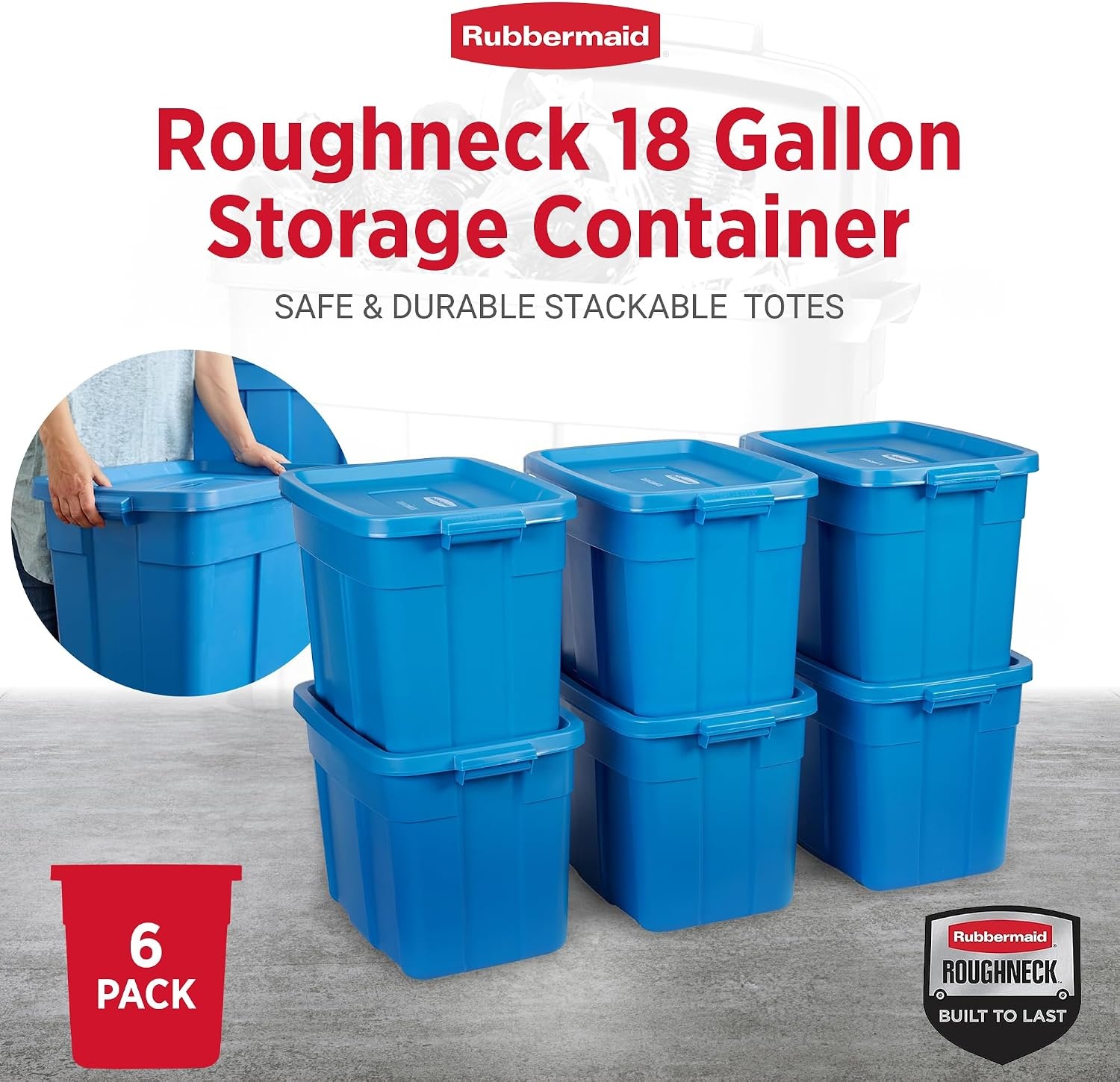 image:imageRubbermaid Roughneck Tote 10 Gal 6 Pack Made in USA Heritage Blue Rugged Plastic Stackable Storage Bins with Lids and Handles18 Gal 6 Pack