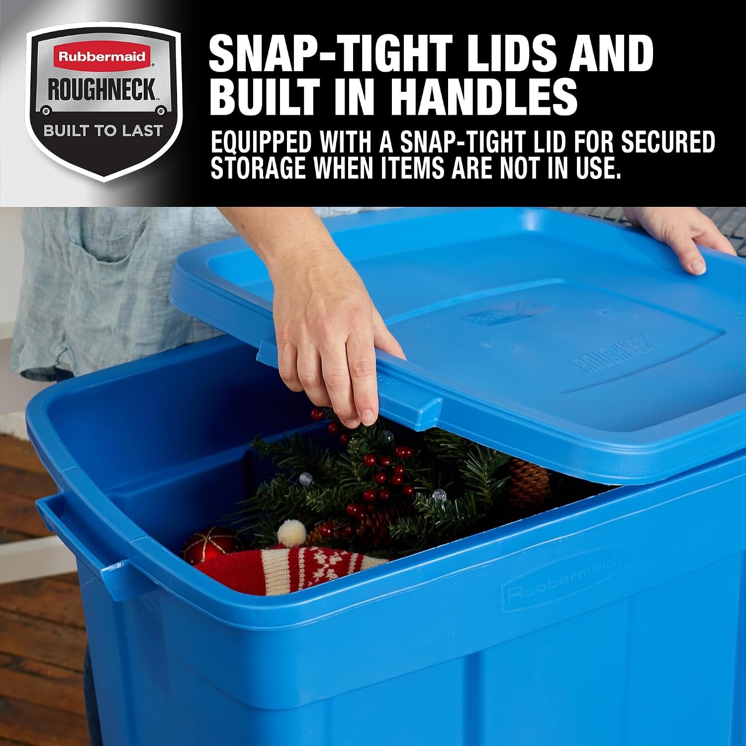 image:imageRubbermaid Roughneck Tote 10 Gal 6 Pack Made in USA Heritage Blue Rugged Plastic Stackable Storage Bins with Lids and Handles25 Gal 4 Pack