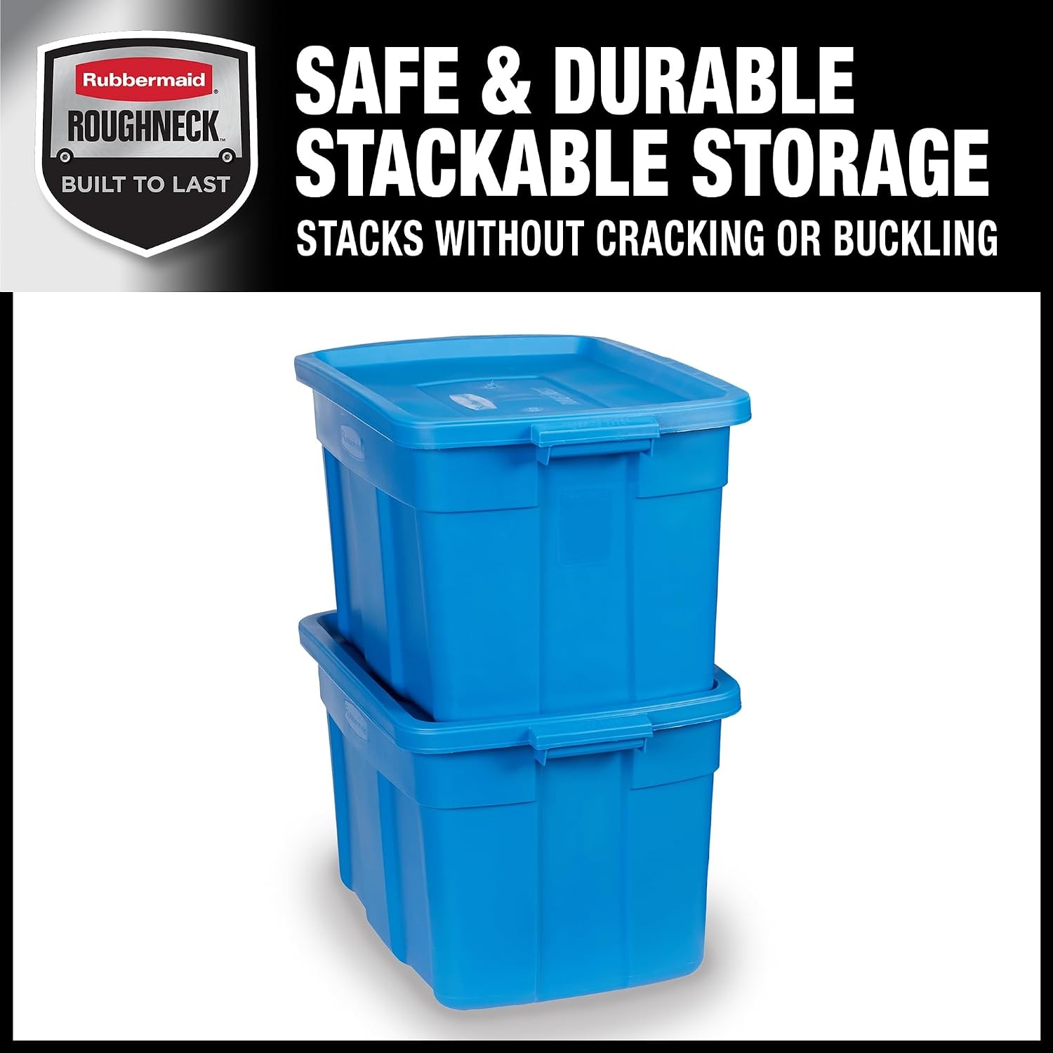 image:imageRubbermaid Roughneck Tote 10 Gal 6 Pack Made in USA Heritage Blue Rugged Plastic Stackable Storage Bins with Lids and Handles25 Gal 4 Pack