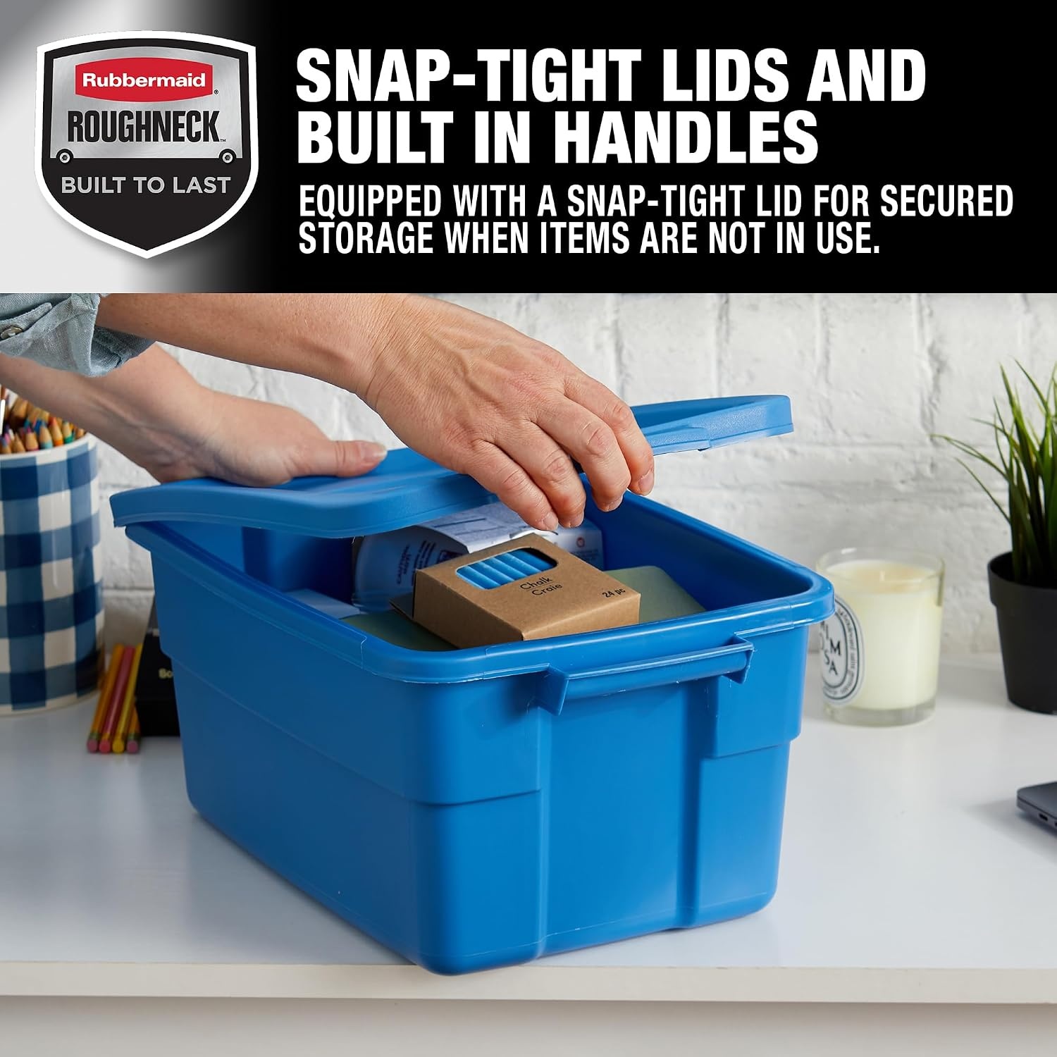 image:imageRubbermaid Roughneck Tote 10 Gal 6 Pack Made in USA Heritage Blue Rugged Plastic Stackable Storage Bins with Lids and Handles3 Gal 6 Pack