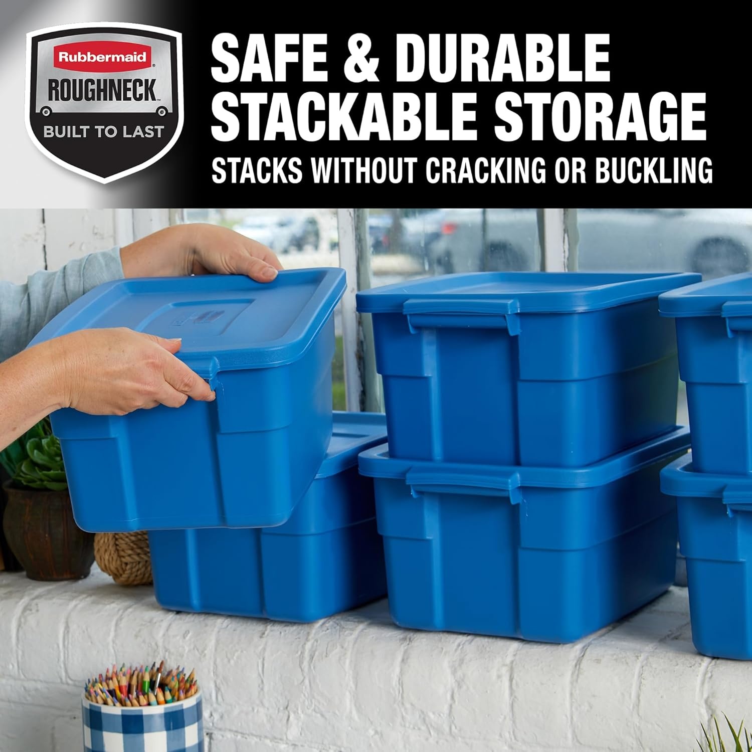 image:imageRubbermaid Roughneck Tote 10 Gal 6 Pack Made in USA Heritage Blue Rugged Plastic Stackable Storage Bins with Lids and Handles3 Gal 6 Pack