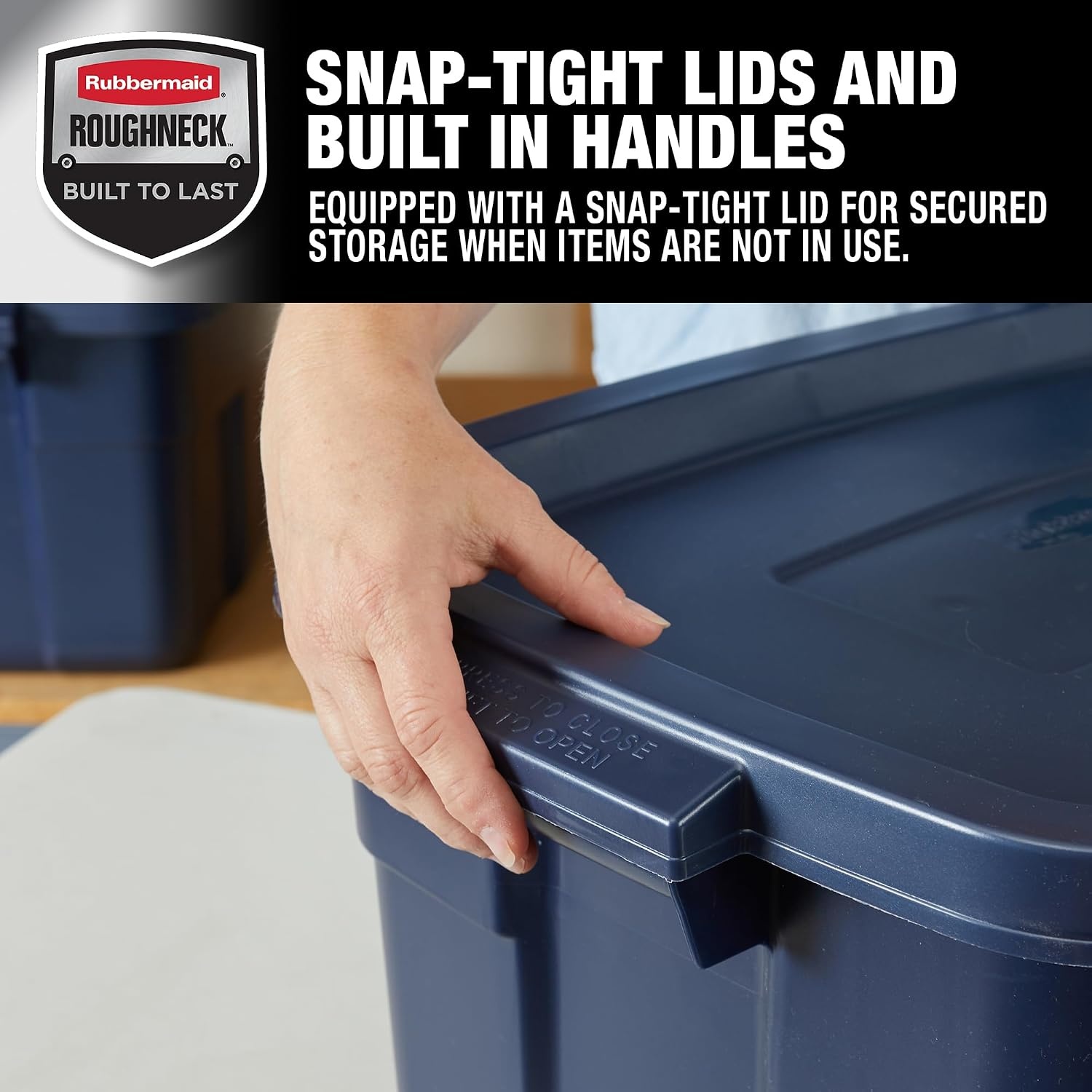 image:imageRubbermaid Roughneck Tote 50 Gal 2 Pack Made in USA Dark Indigo Metallic Rugged Plastic Stackable Storage Bins with Lids and Handles14 Gal 6 Pack