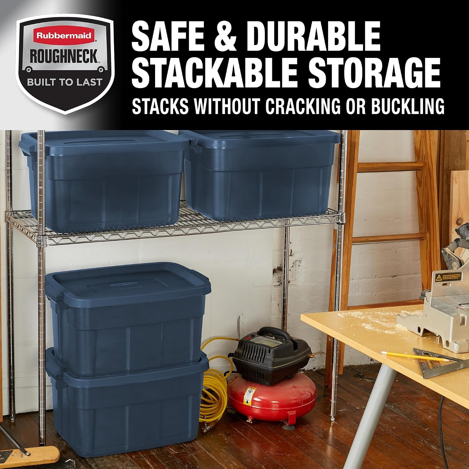 image:imageRubbermaid Roughneck Tote 50 Gal 2 Pack Made in USA Dark Indigo Metallic Rugged Plastic Stackable Storage Bins with Lids and Handles14 Gal 6 Pack