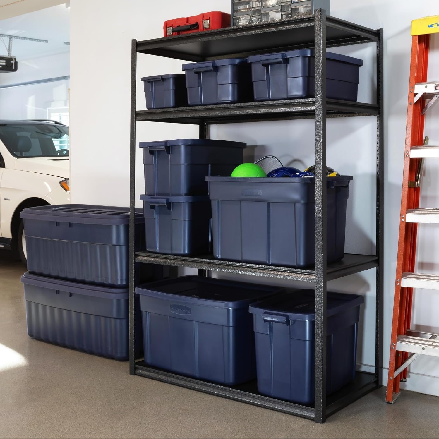 image:imageRubbermaid Roughneck Tote 50 Gal 2 Pack Made in USA Dark Indigo Metallic Rugged Plastic Stackable Storage Bins with Lids and Handles18 Gal 6 Pack